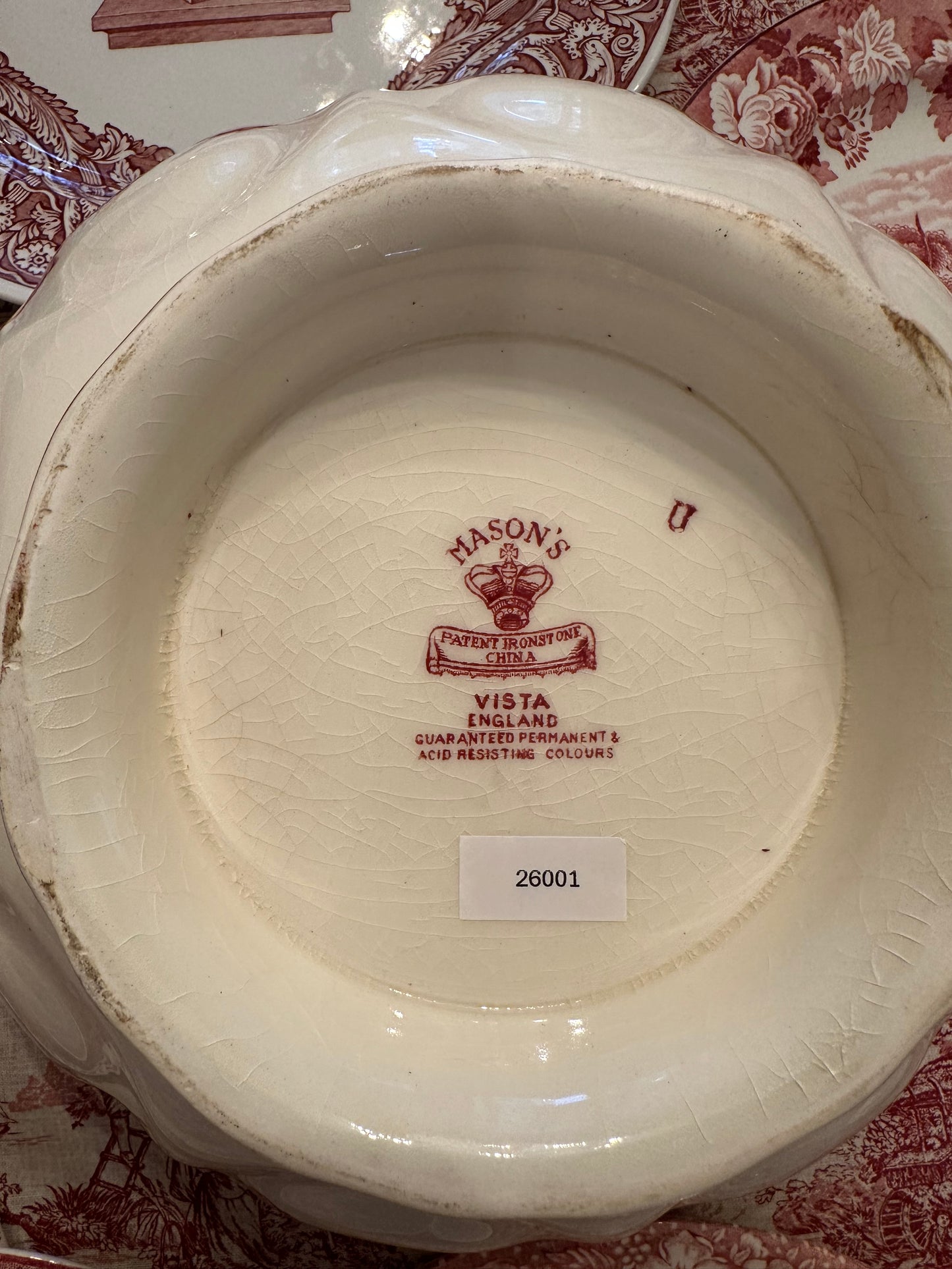 Mason’s “Vista” Red / Pink Transferware Bruges Shape Footed Salad Serving Bowl | England, c. 1940s