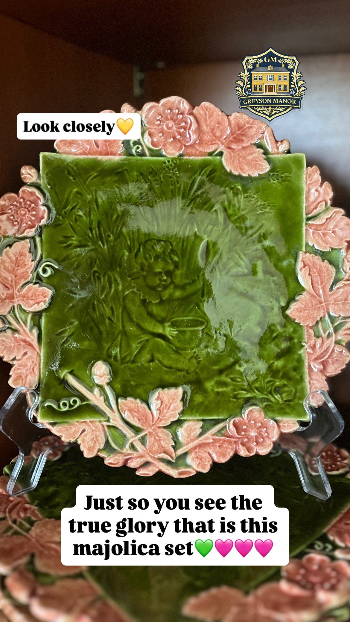 Rare Set - Antique Schütz Cilli Continental Majolica Dessert Service — Putto & Blossom, Set of 8 Plates + Cake Stand