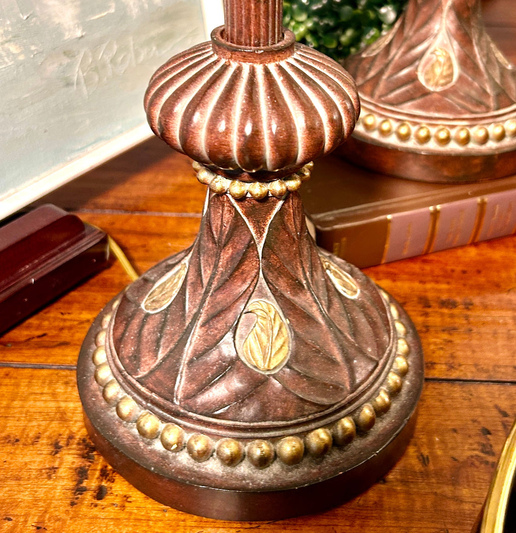 Stunning statuesque pair of vintage palm & polka dot buffet lamps.