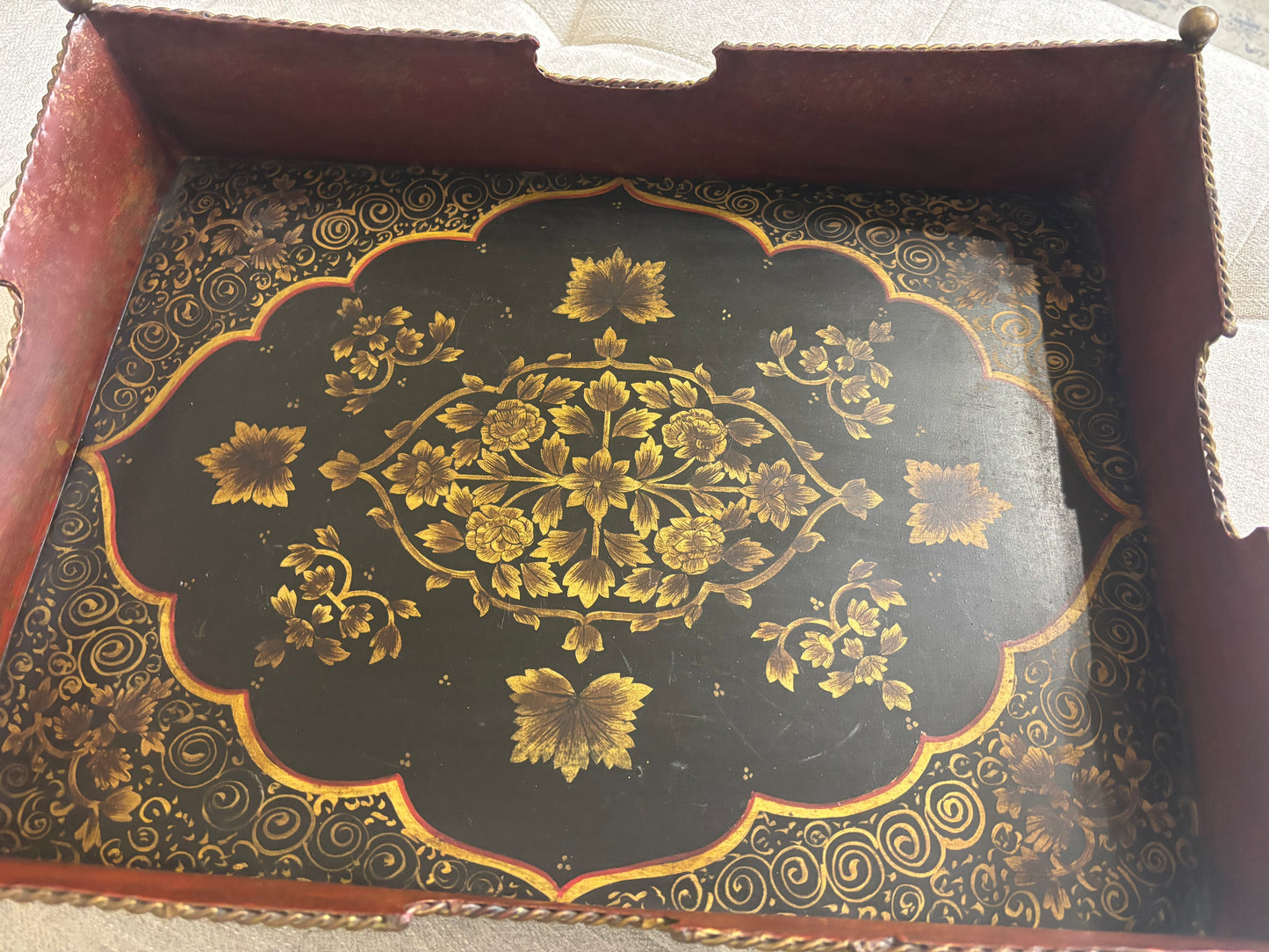 Stunning extra large gallery tole tray with designs and brass feet!