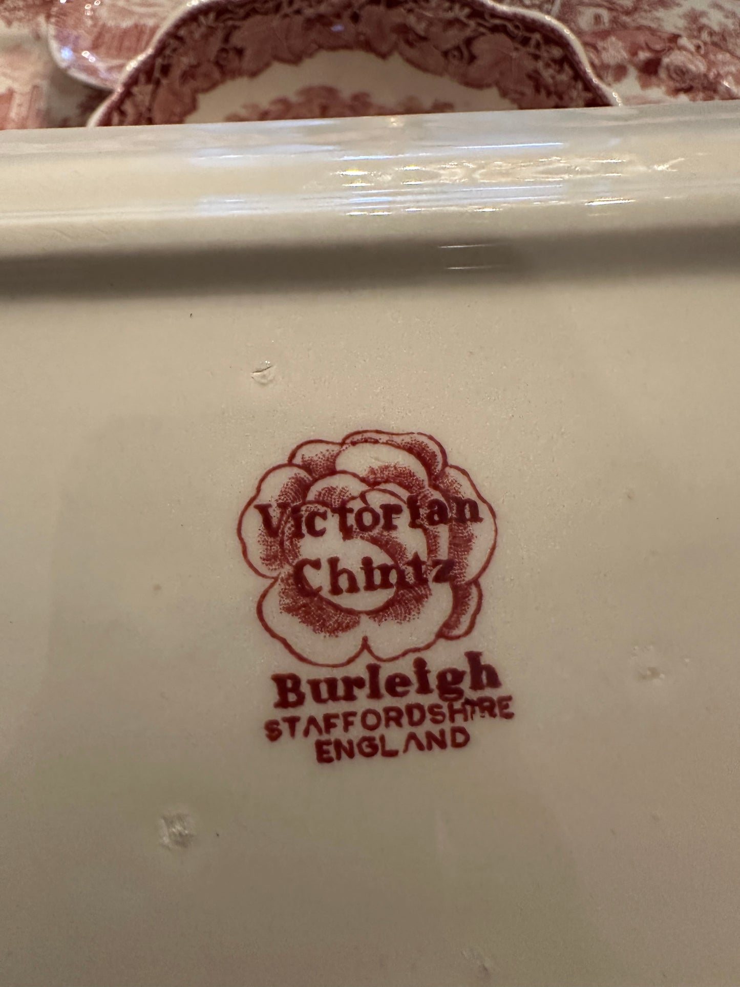 Burleigh “Victorian Chintz” Pink Transferware Sandwich Tray / Platter | England, c. 1960s–1990s