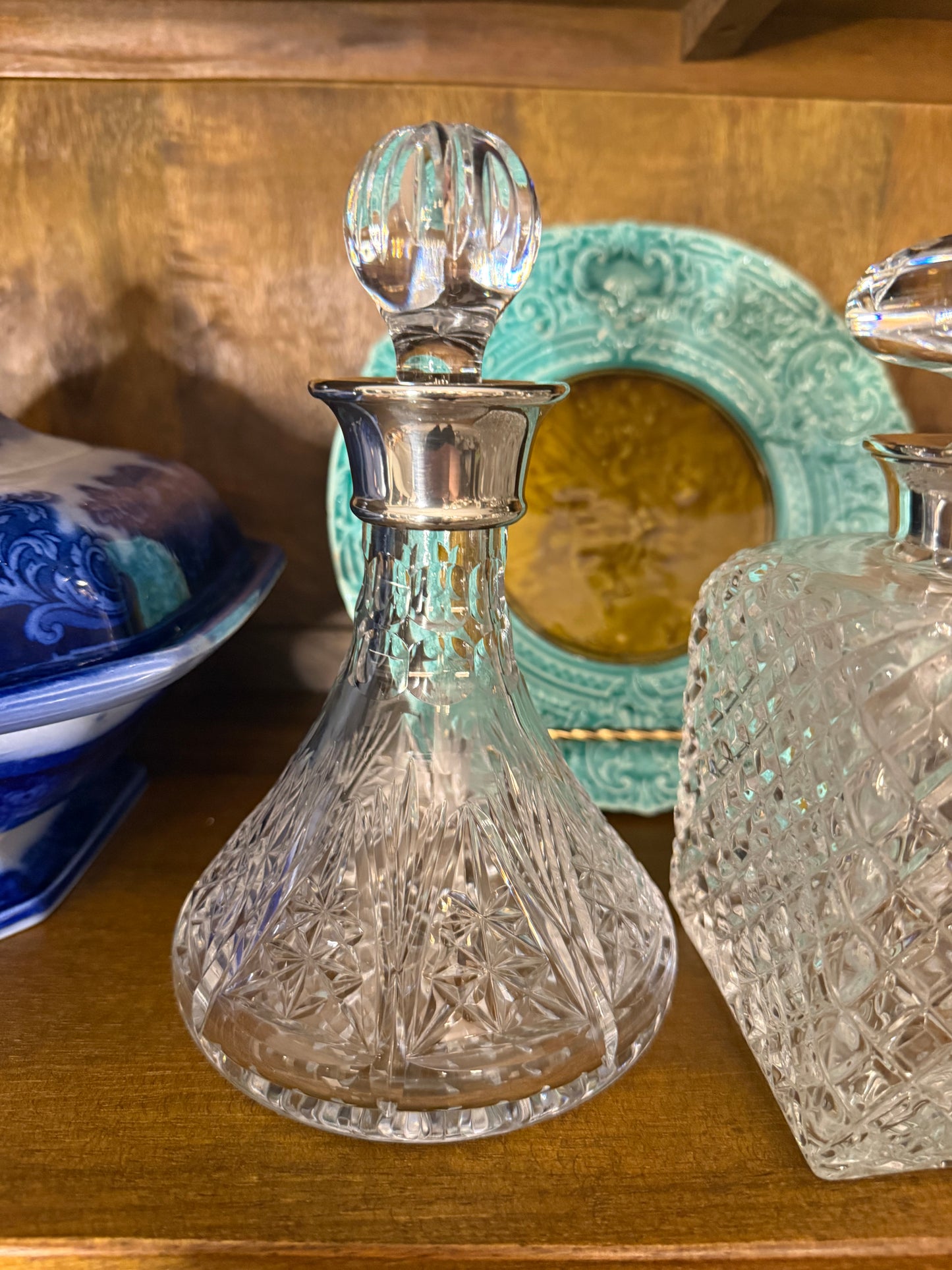 Reserved T.S - Live 12/15 - Antique Cut Glass 7” Decanter or Perfume Bottle w/ Sterling Silver Collar