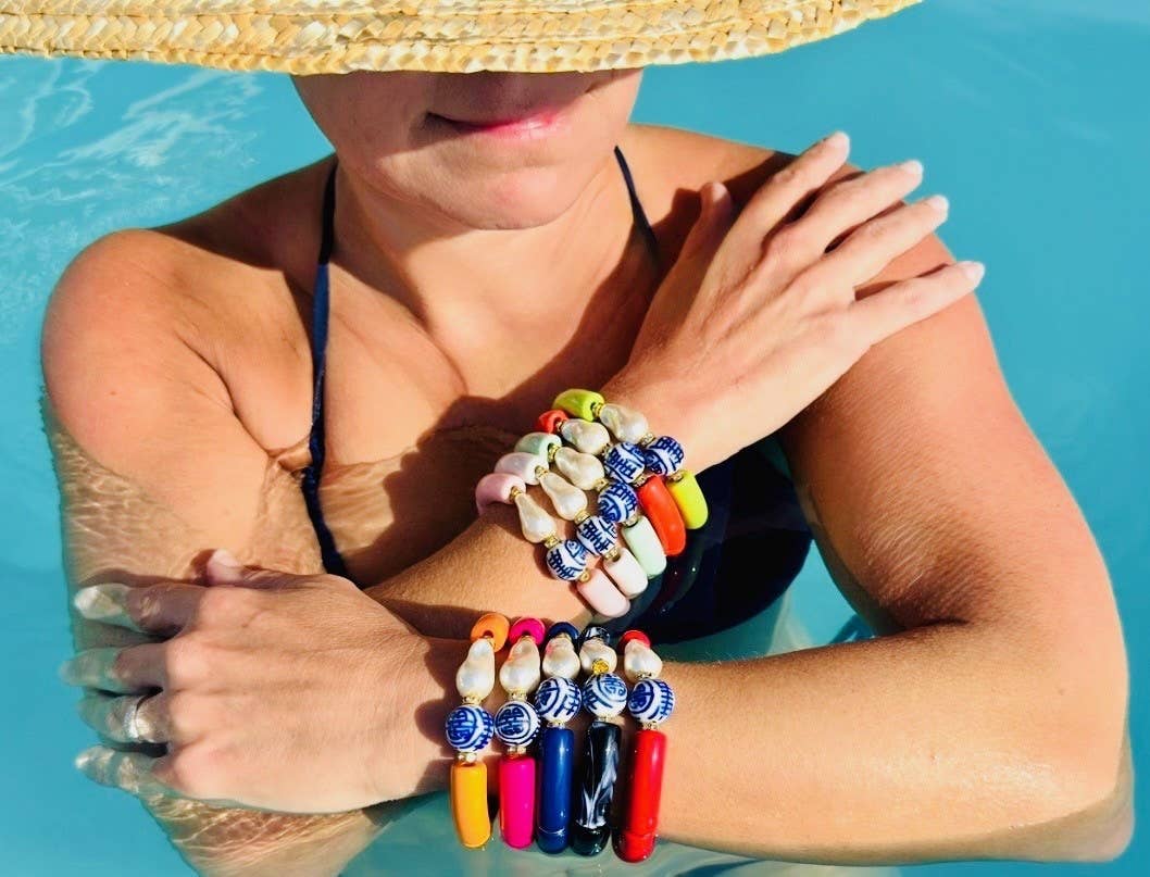 Blue Bamboo Acrylic Tube Bracelet | Navy Nugget Accent Stretch Bracelet