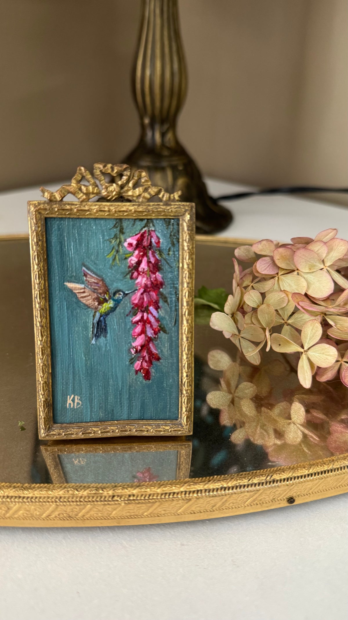 Day 15 Original oil painting hummingbird with wisteria antique French frame