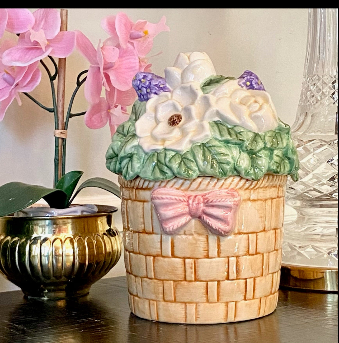 Whimsical vintage bow basketweave floral large lidded jar centerpiece.