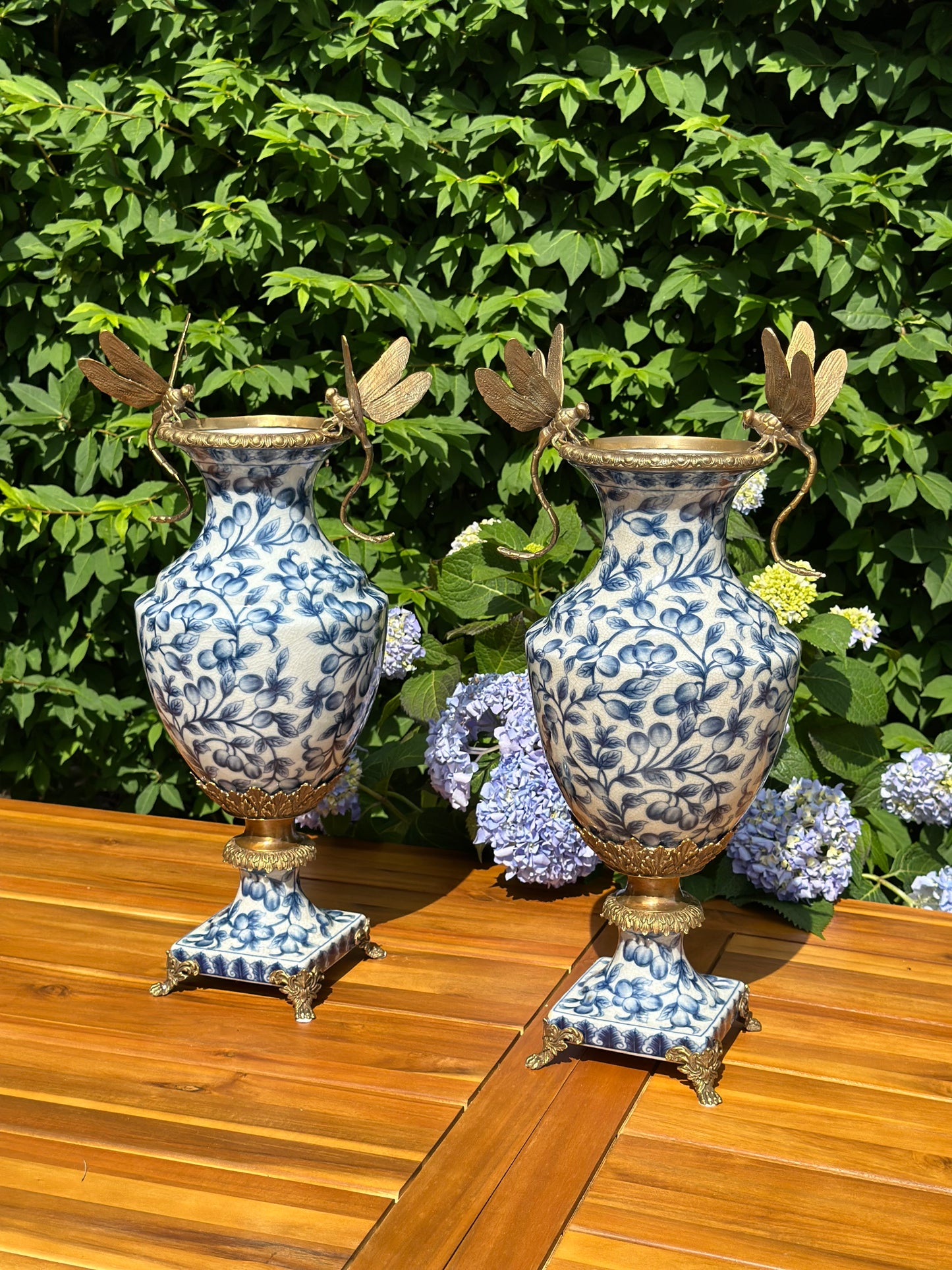 Danny's Fine Porcelain - 20" Tall Blue & White Porcelain Bronze Pedestal Urn W/ Dragonfly handles (single price)