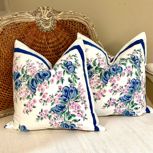 Pair (2) 20x20” blue and white floral throw pillows