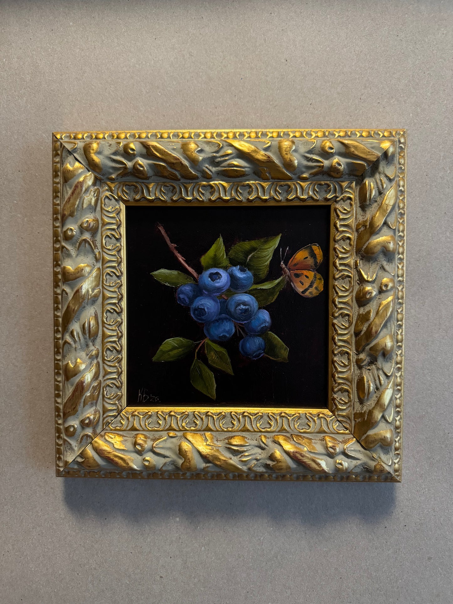 Reserved Original oil on board Blueberries and butterfly