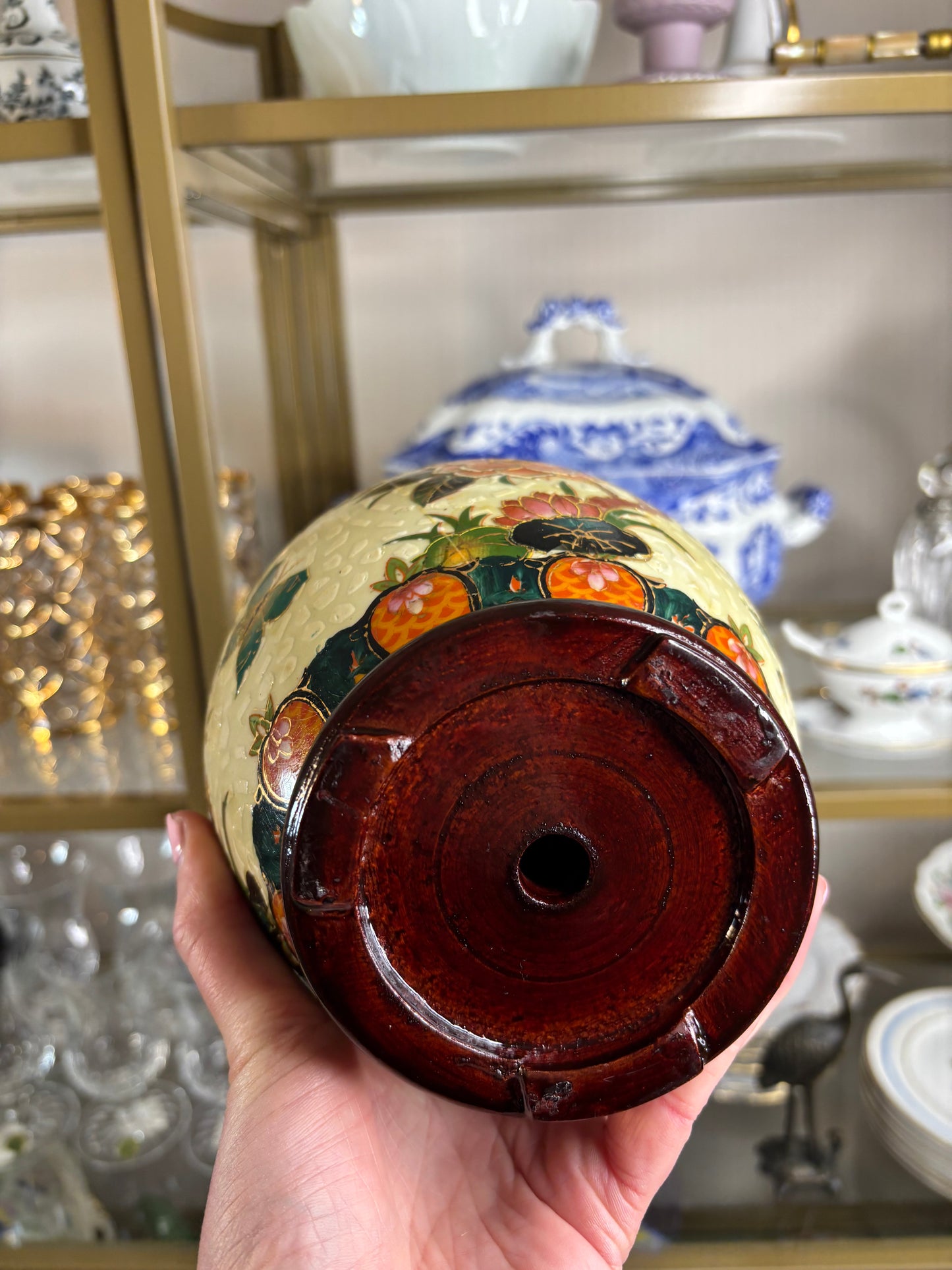Floral chinoiserie egg decor on wooden stand!