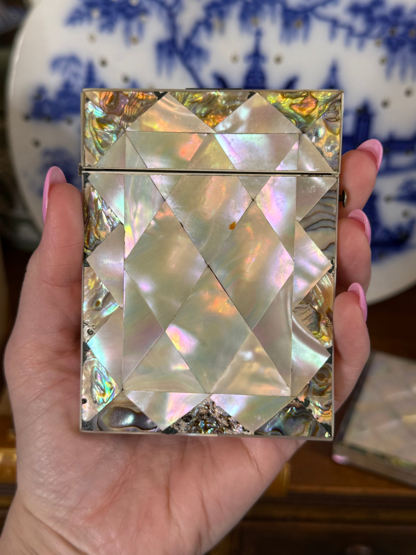 Antique Mother-of-Pearl & Abalone Calling Card Case | Geometric Mosaic Design | 4” x 3” | Victorian Era