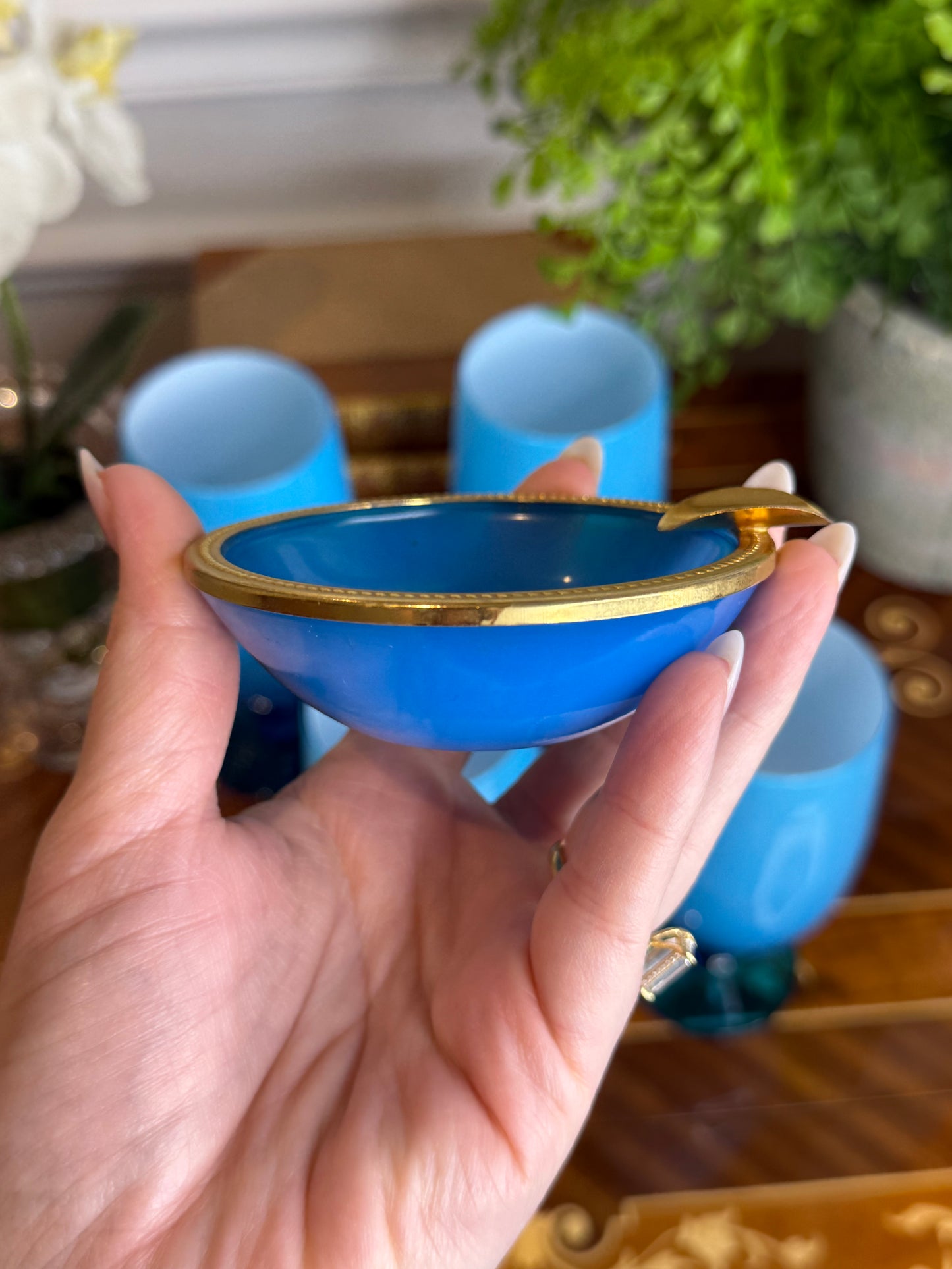Vintage Blue Opaline Glass Ashtray with Brass Gallery Rim | 3.5”