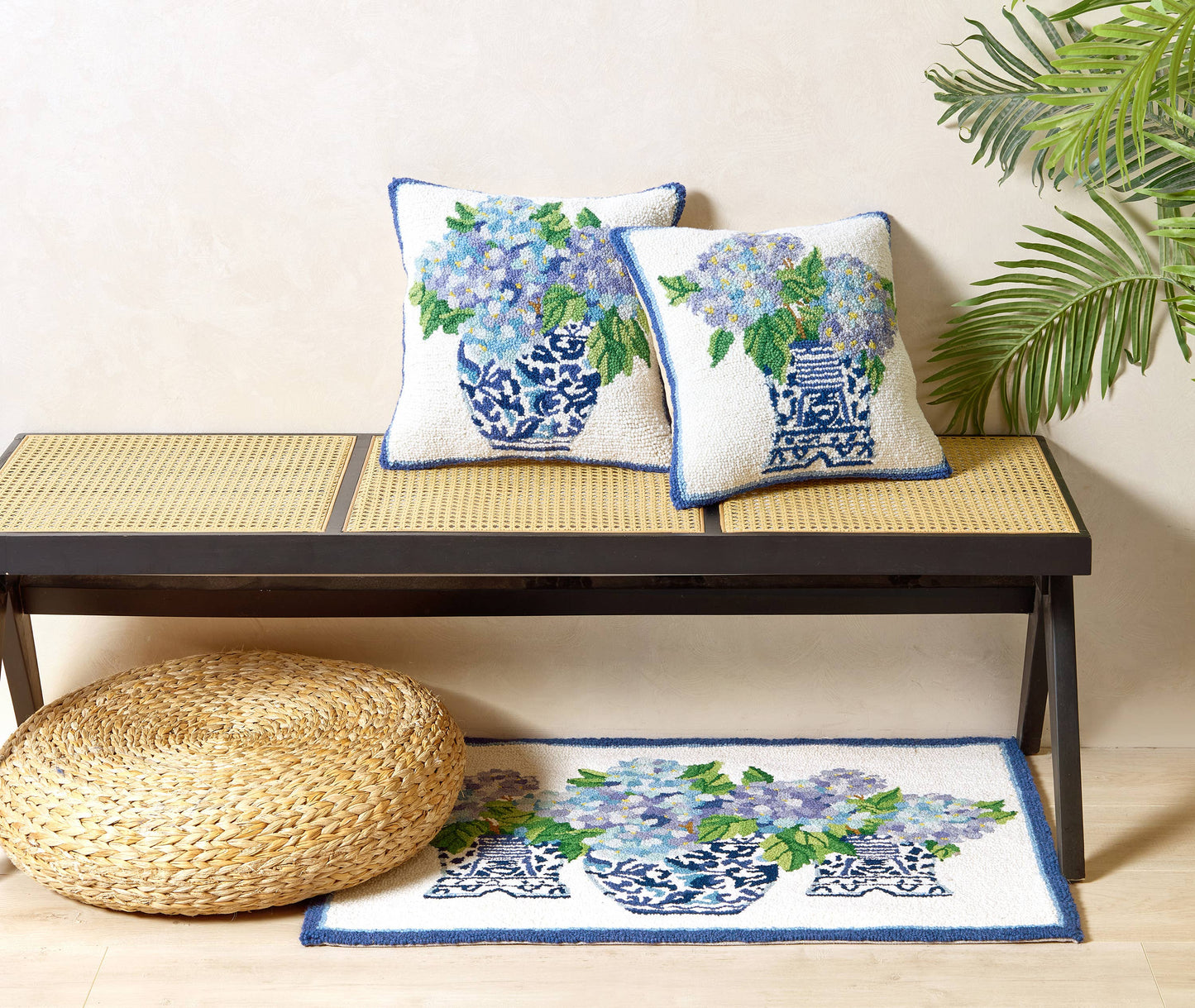 Blue & White Hydrangea 16x16” Wool Accent Pillow
