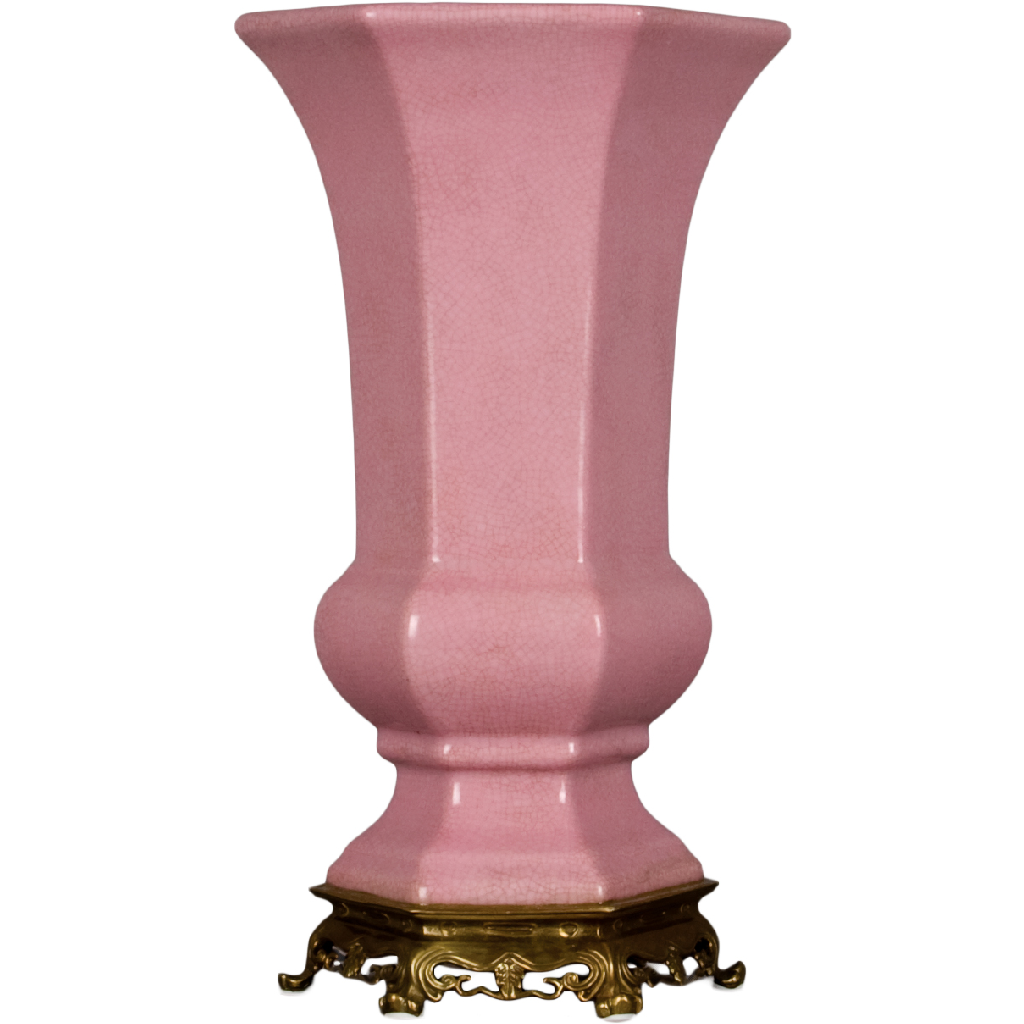 Danny's Fine Porcelain - 12” Tall Pink Hexagonal Porcelain Vase, Bronze Base