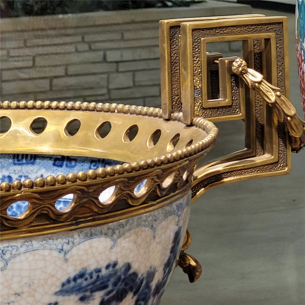 Danny's Fine Porcelain - Blue & White Basin W/ Bronze Ormolu, 23Lx16Wx17H