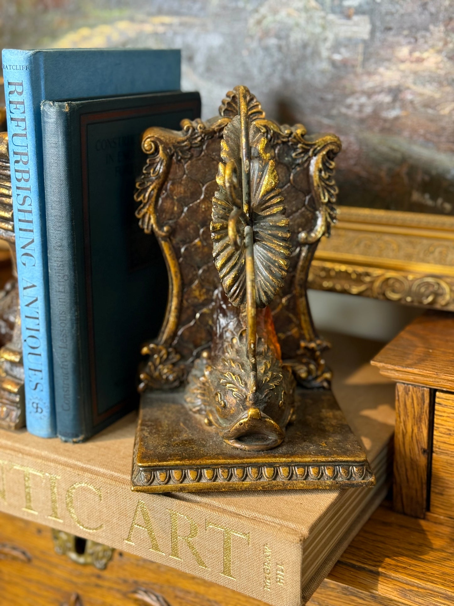 Vintage Gilded Dolphin/Koy Scroll Resin Bookends,