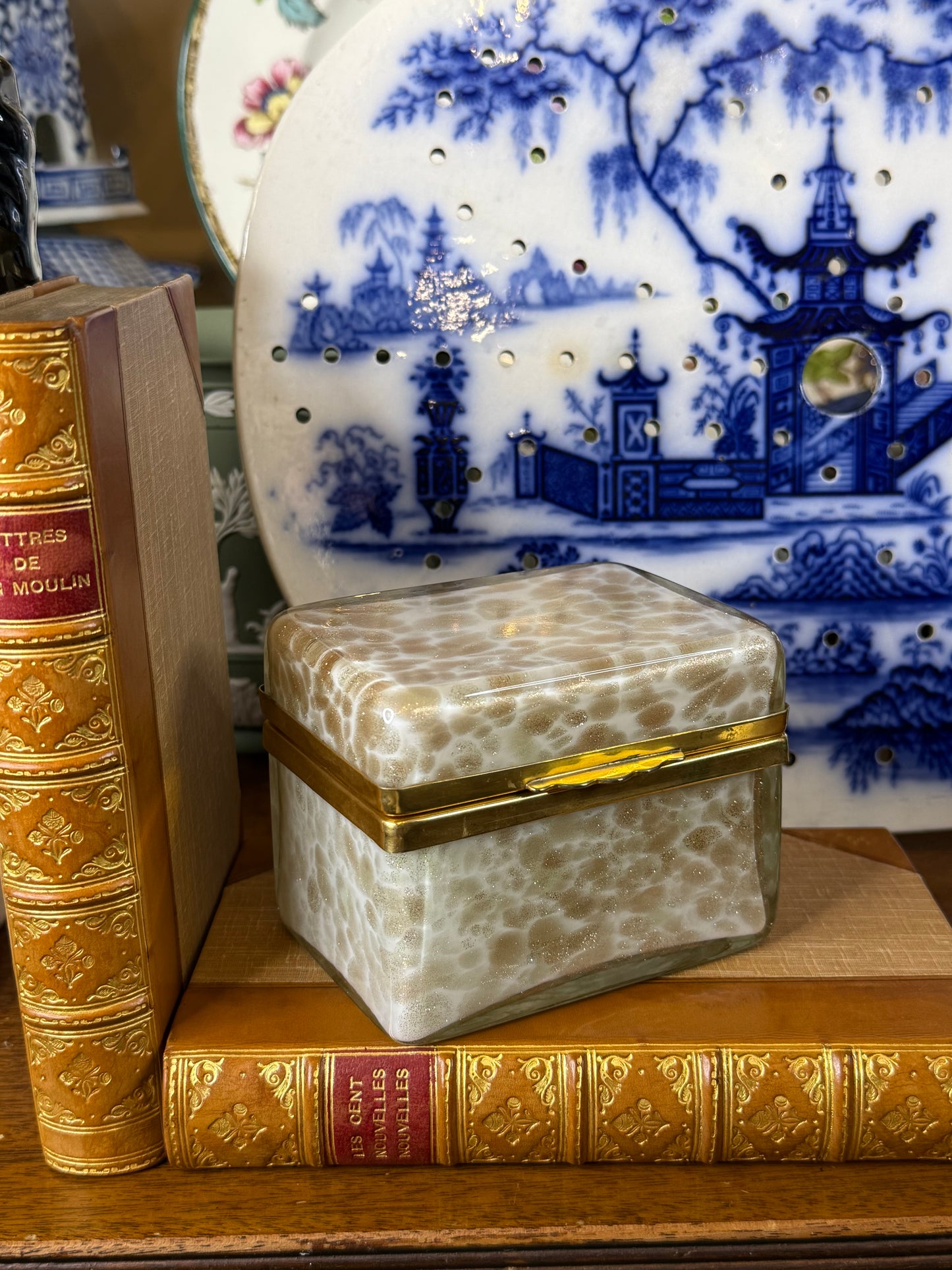 Vintage Murano Art Glass Casket Box | Aventurine & White Mottled Glass | Brass Mounted Trinket Box | 5” x 4” x 3”