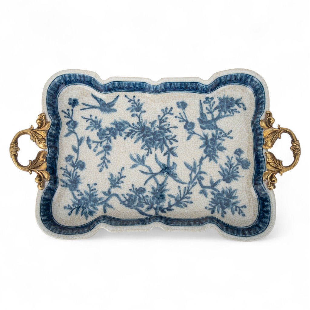 Danny’s Fine Porcelain | Blue & White Songbird Garden Tray with Bronze Handles – 15” x 8.5”