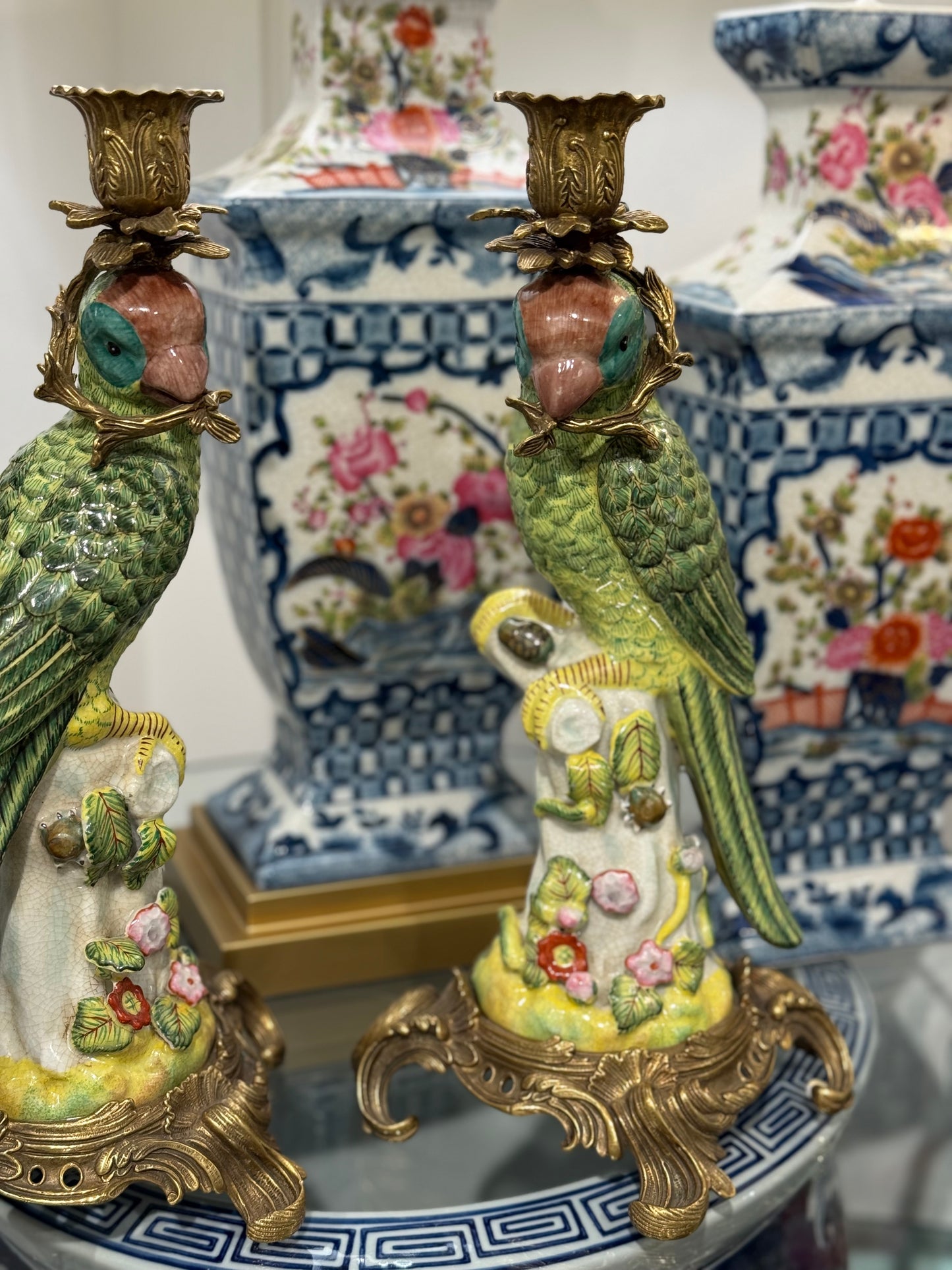 Danny's Fine Porcelain - 14.5” Tall Porcelain Parrot Candlestick Pair with Ormolu Mounts – Chinoiserie Rococo Style