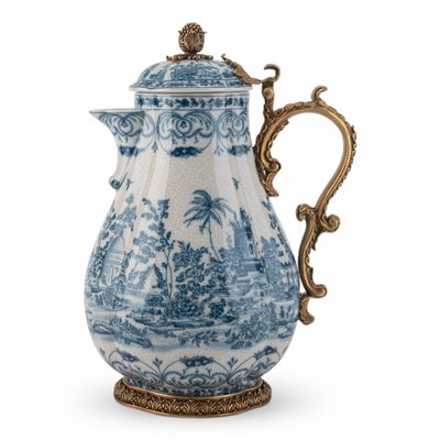 Danny's Fine Porcelain - Blue Scroll Porcelain Hinged Lidded Pitcher with Bronze Ormolu | 9.5"L x 6.5"W x 13.5"H