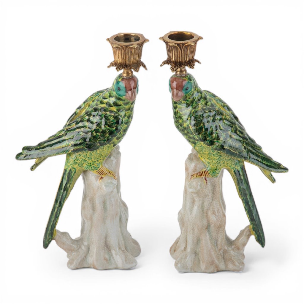 Danny's Fine Porcelain -Pair of Porcelain Green Parrot Candleholders with Bronze Ormolu | Figural Candlesticks #63023_63024