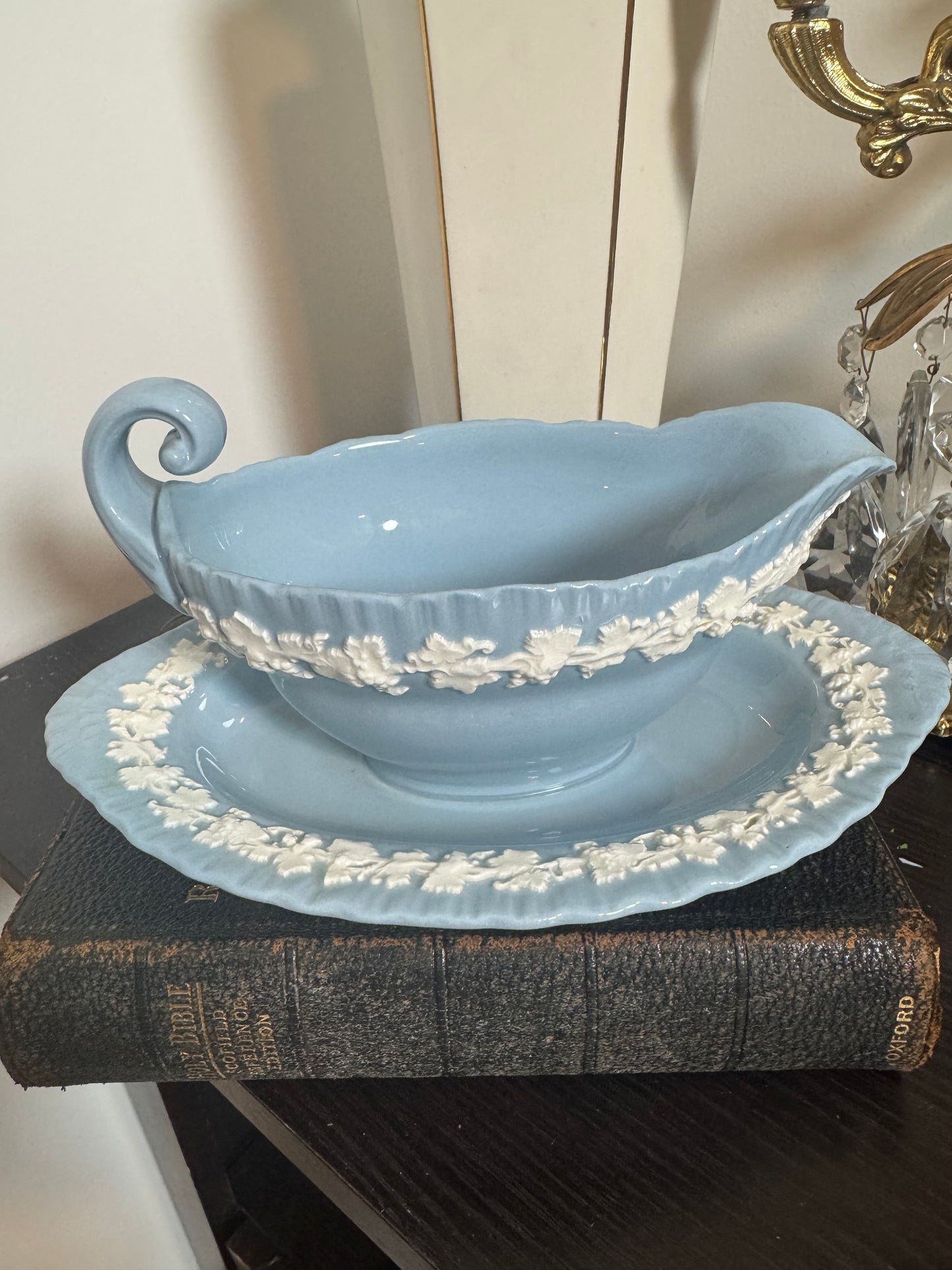 Wedgwood white and blue lavender Queensware gravy boat