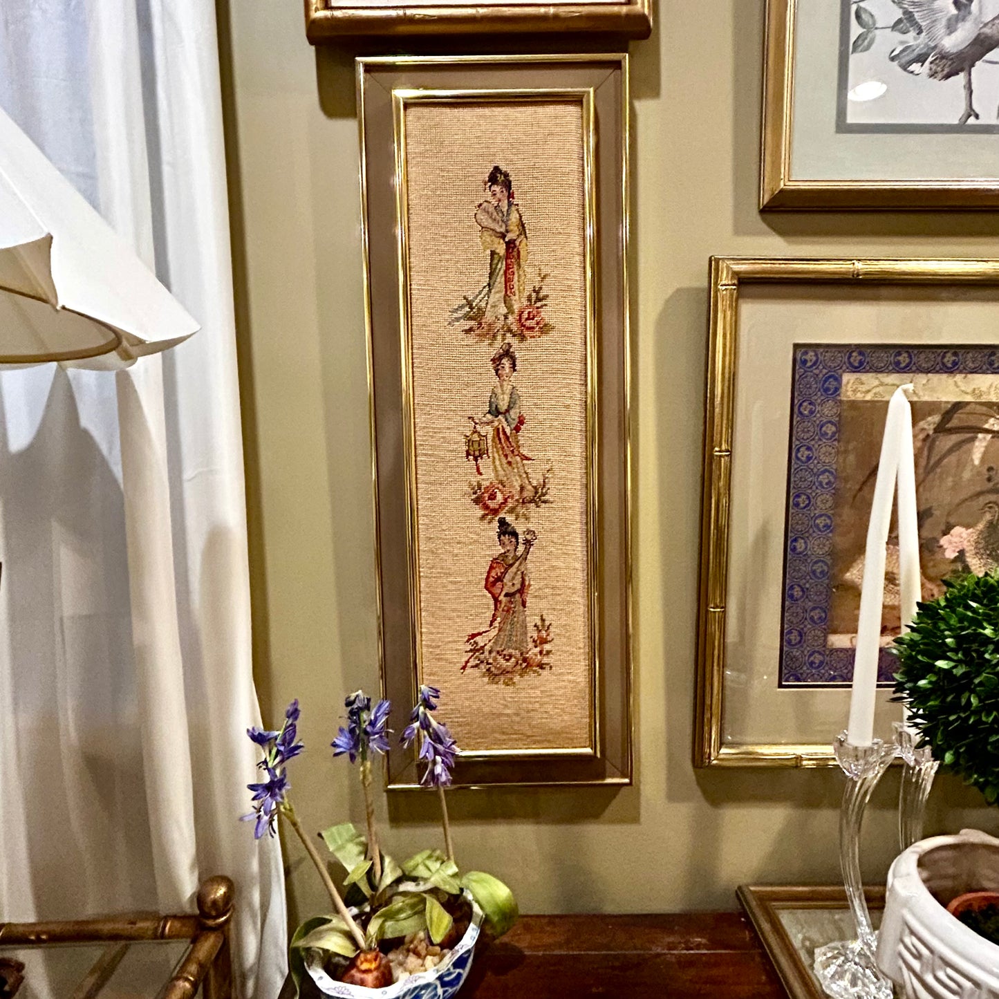 Gorgeous custom chinoiserie needlepoint custom framed wall art