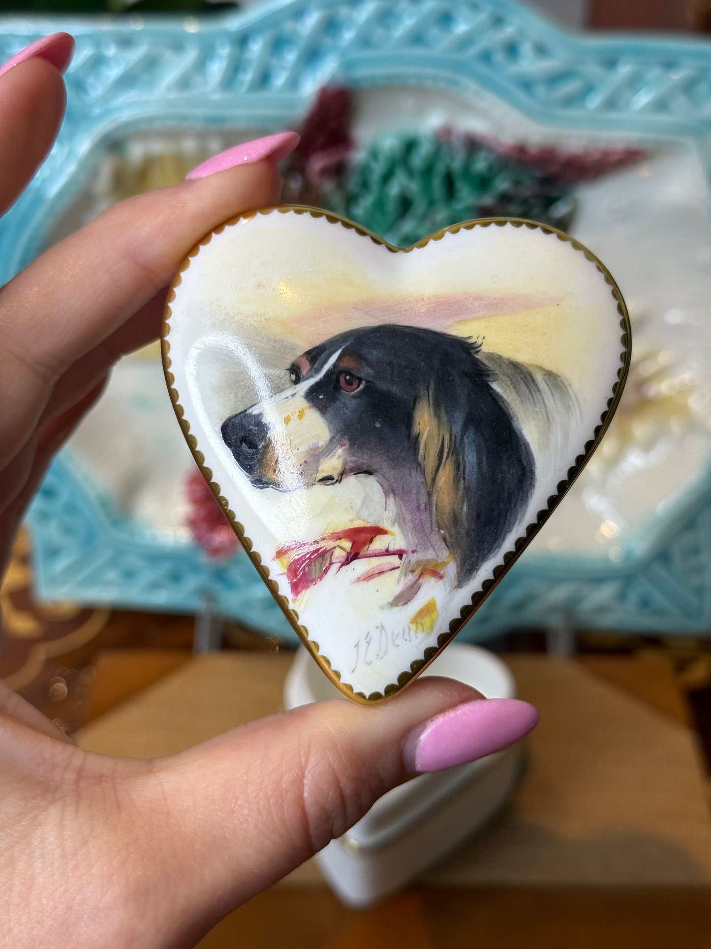 Antique Minton Heart-Shaped Trinket Box | Hand-Painted Borzoi Sporting Dog Portrait by J.E. Dean | c.1920 | #DA2462