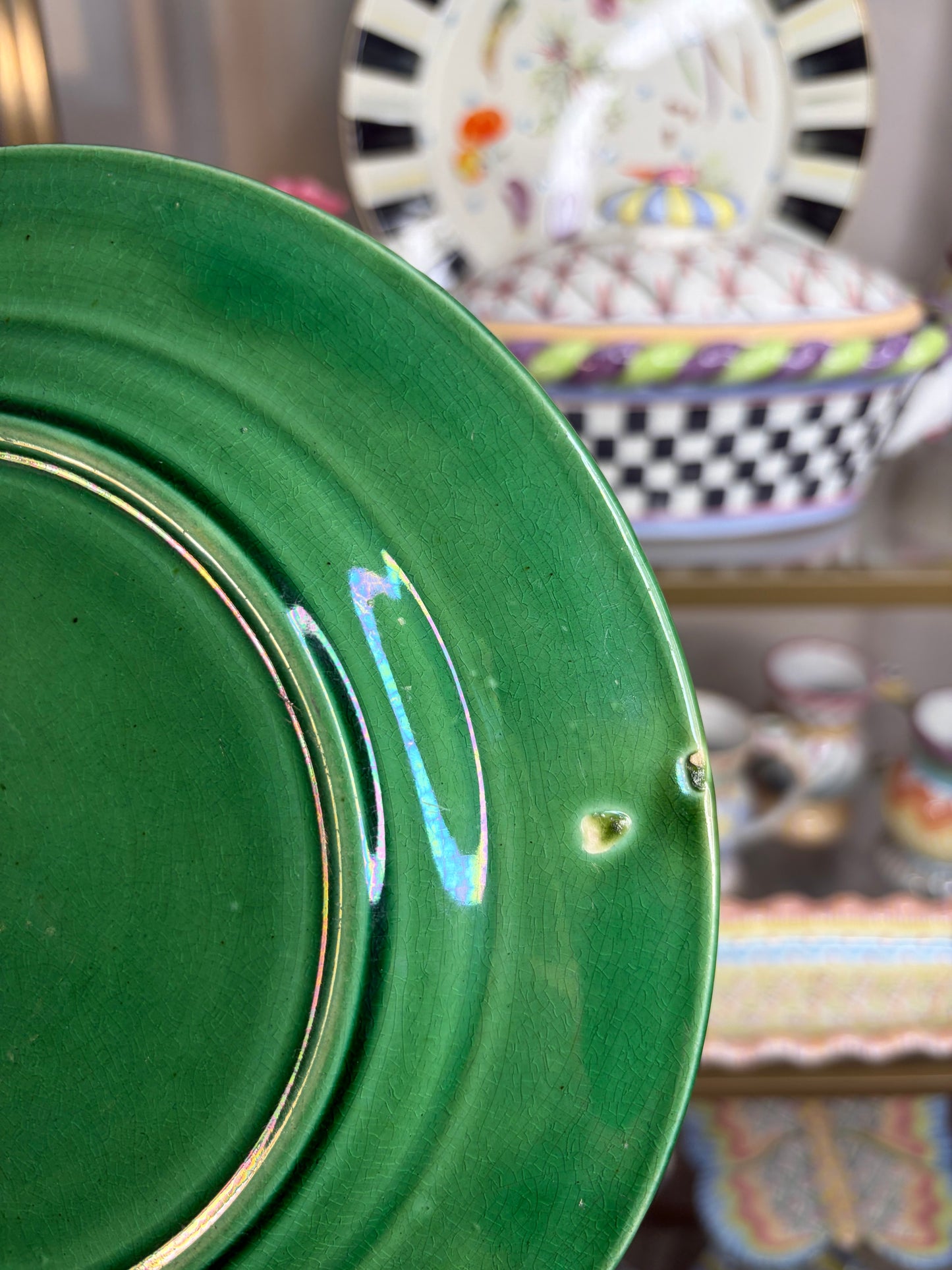 Lovely majolica green plate with Greek key border! As is!