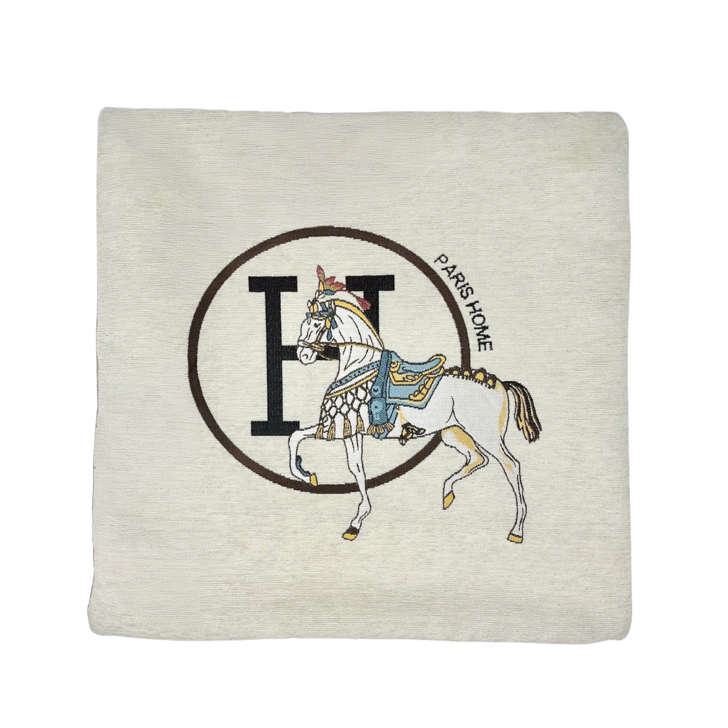 Luxury Equestrian “H” Square Horse Pillow W/Down Insert – Cream, 18x18”