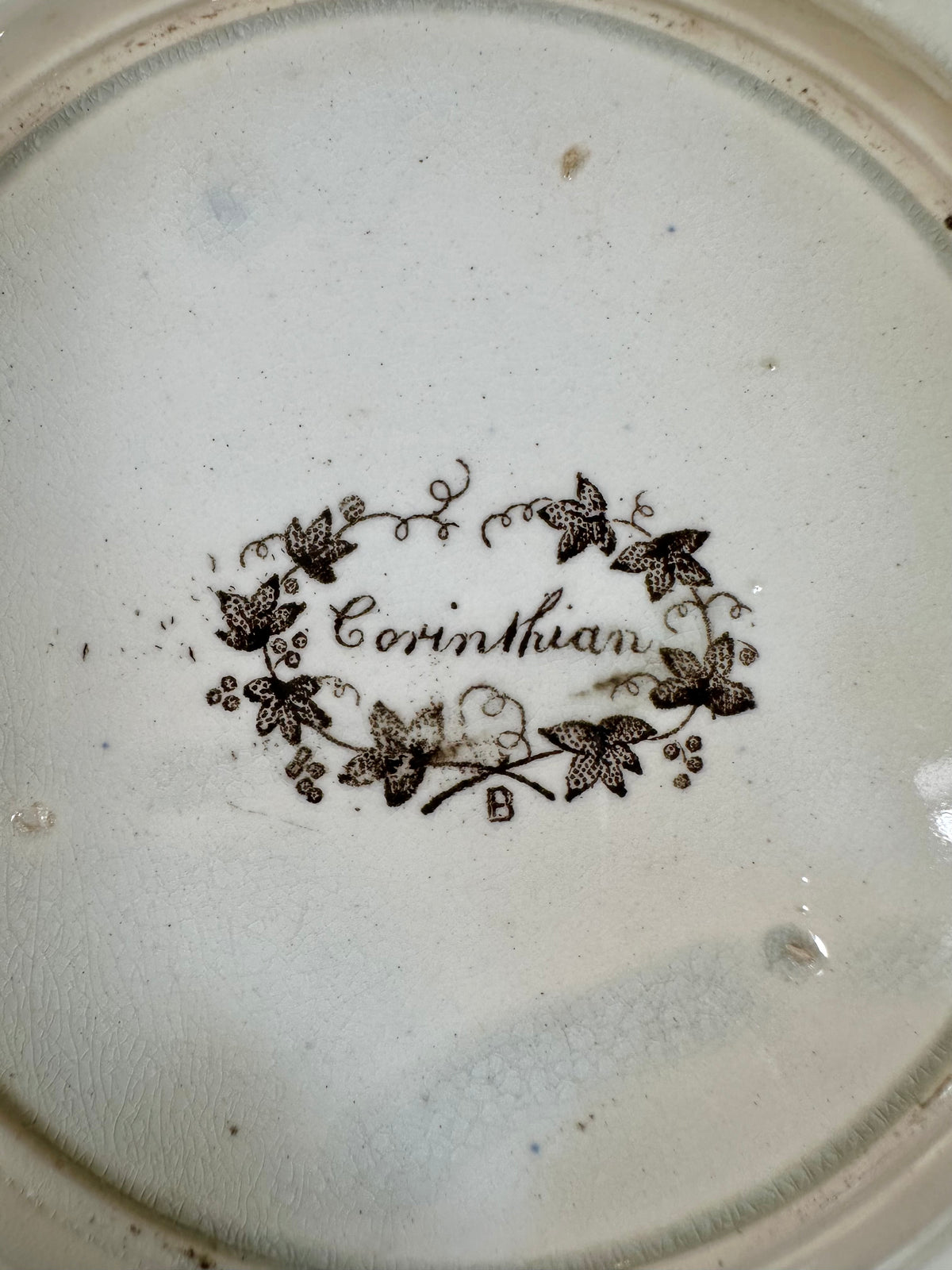 Pair Antique English Corinthian Brown Transferware Pearlware Plates, c. 1830s–1840s