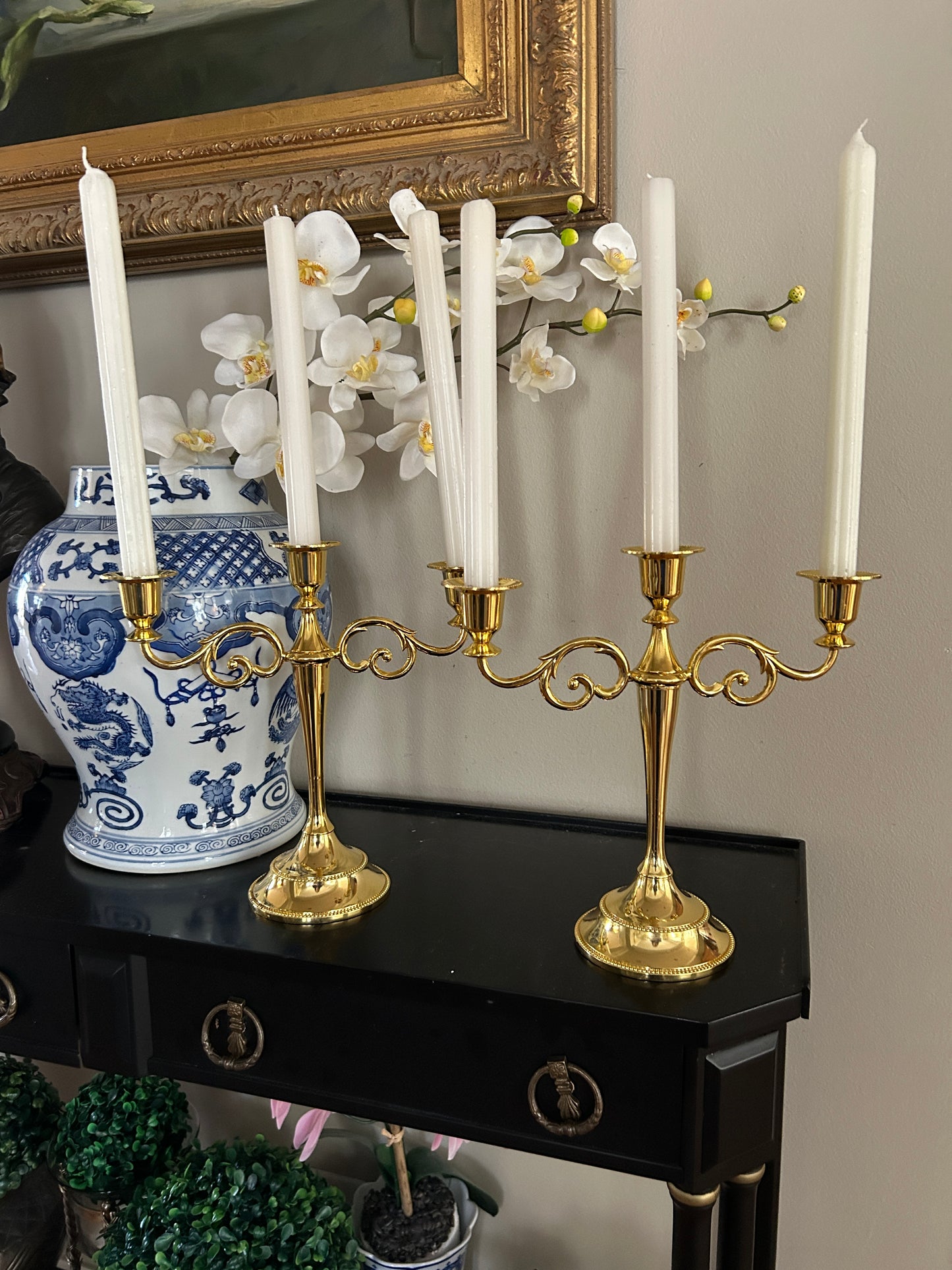 Exquisite gold triple candlelabra pair 10 x 10