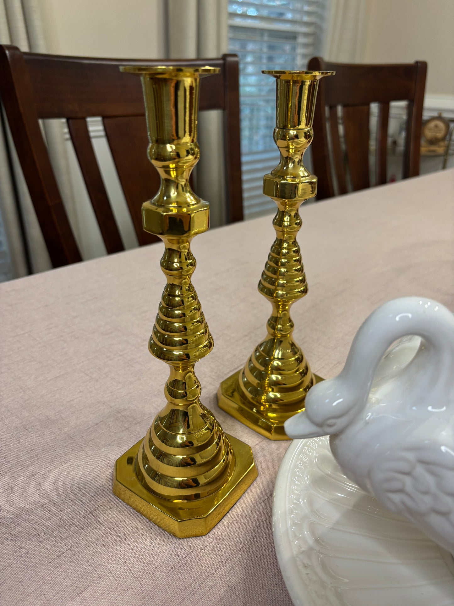 Gorgeous brass beehive style candlesticks pair!