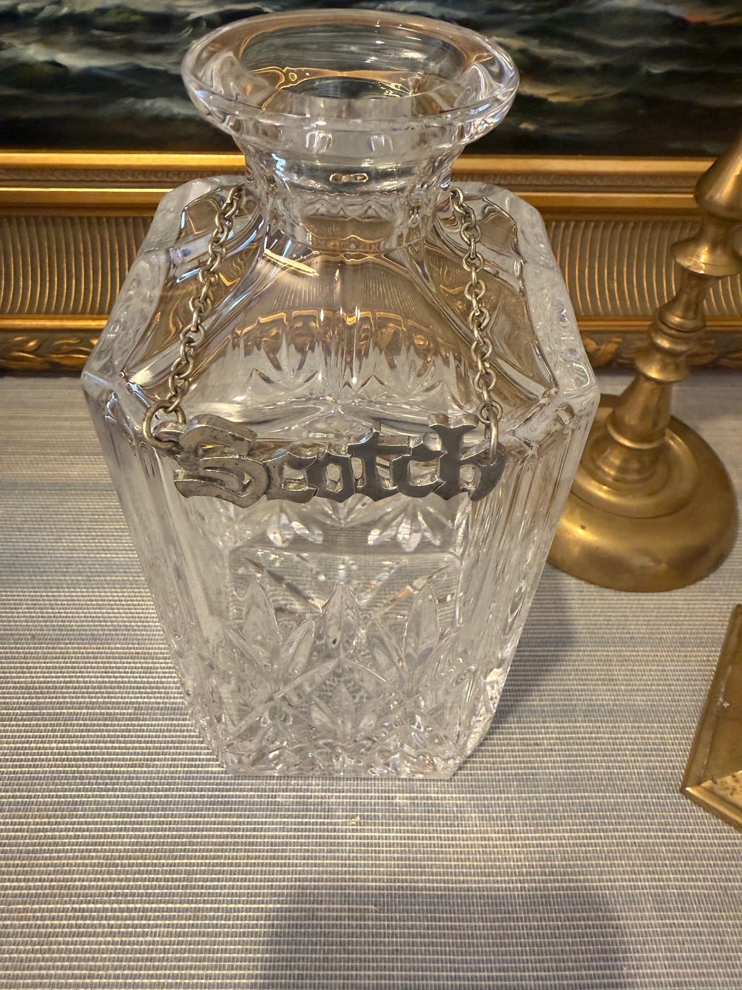 Vintage Crystal Decanter with Silver Plate Scotch Hang Tag