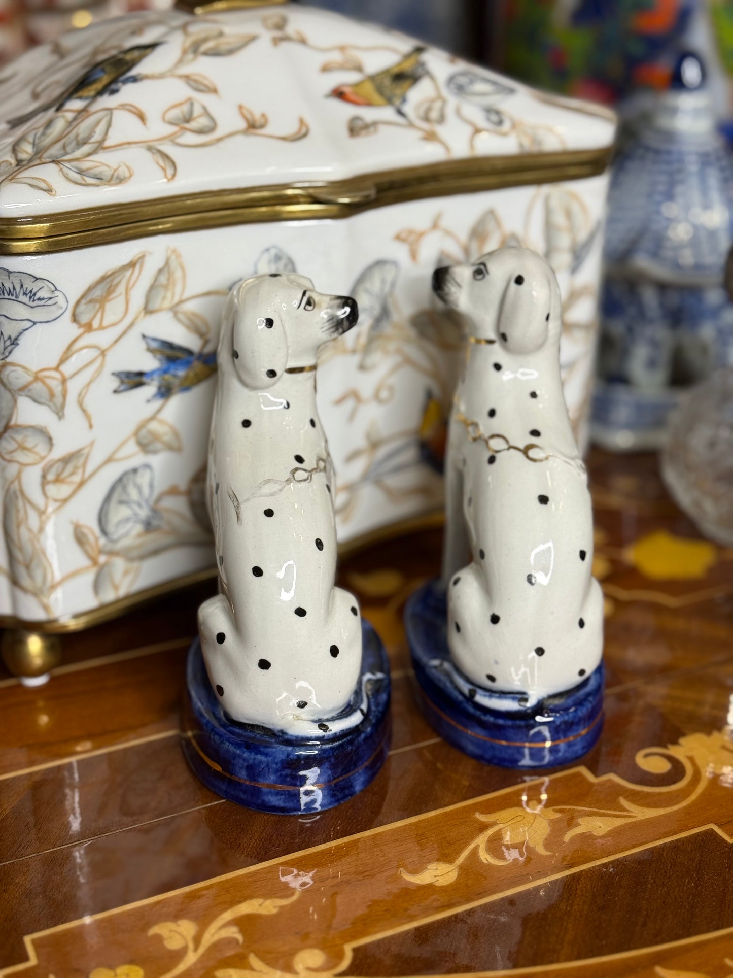 Vintage Pair of Hand-Painted Porcelain Dalmatian Dogs on Cobalt Bases (5.25”) English