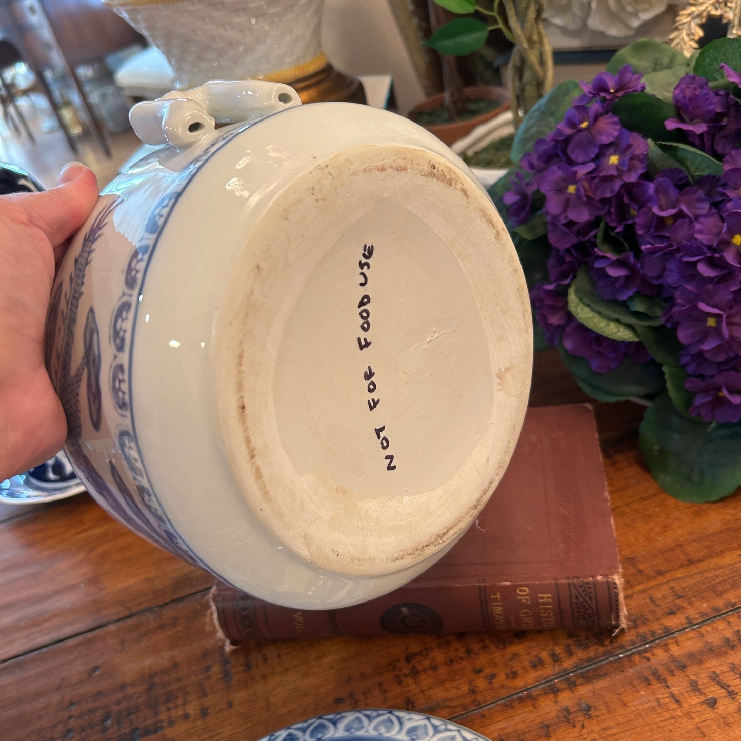 Vintage blue and white dragon chinoiserie lidded dish