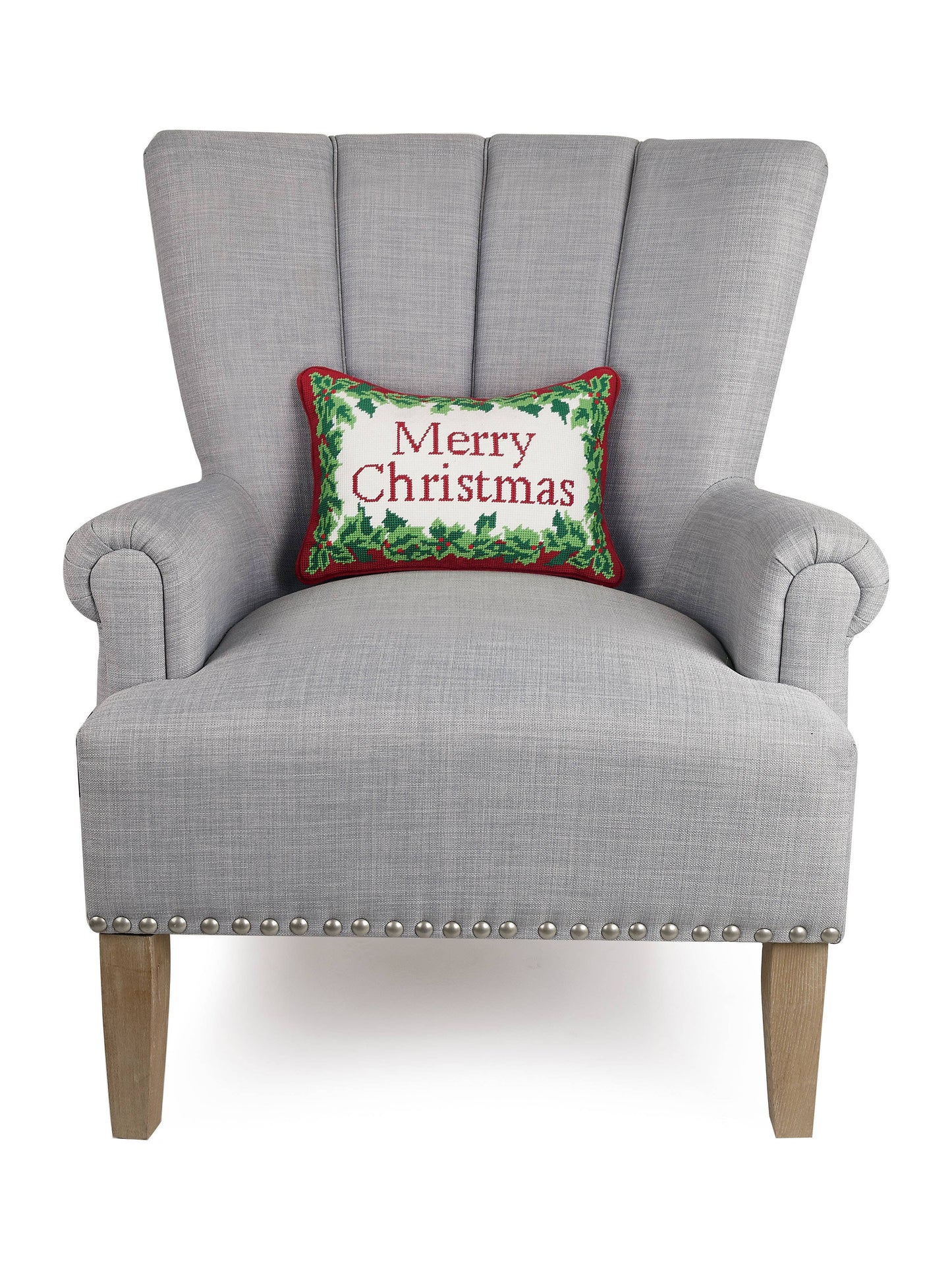 Merry Christmas Embroidered Needlepoint Style Pillow | 10" x 14"