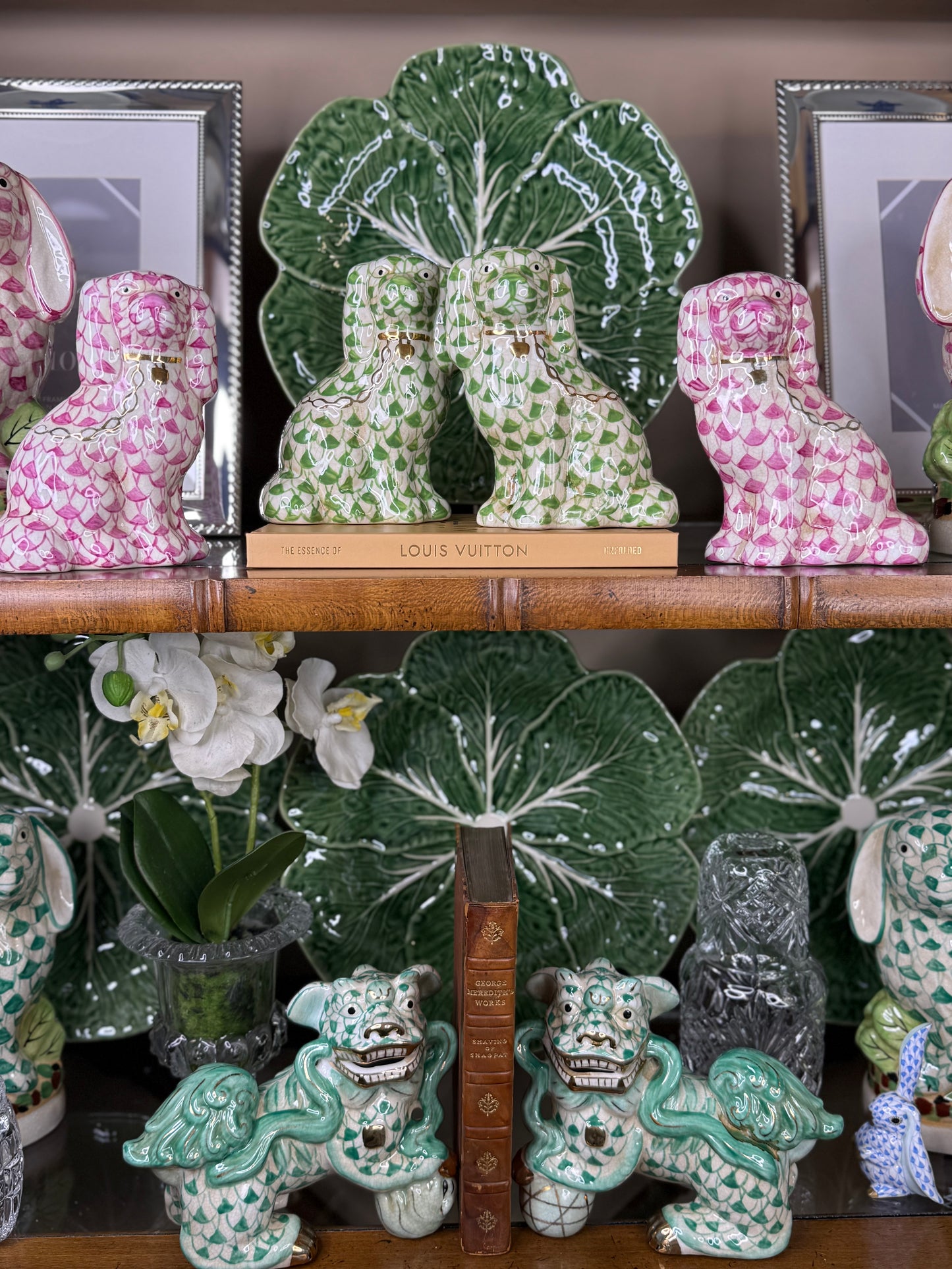 Danny’s Fine Porcelain | Fishnet Lime Green Spaniel Dog Figure Pair W/ Gold Accent (5.5”H X 9Lx2W)