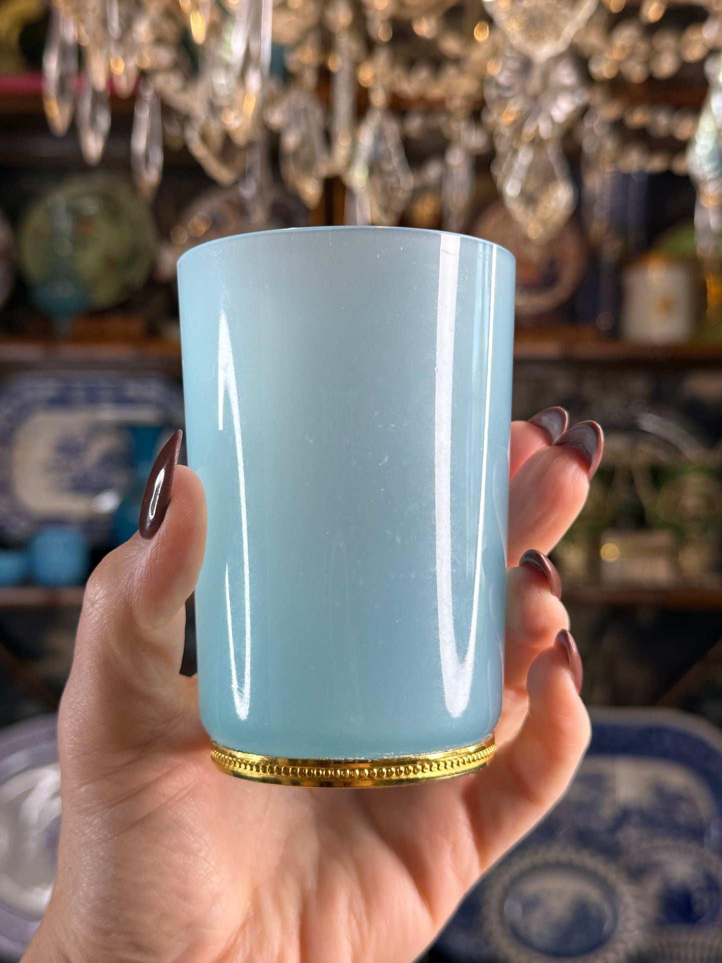 Vintage Blue Opaline Glass Drinking Cup with Gold Gilt Base | 4” tall