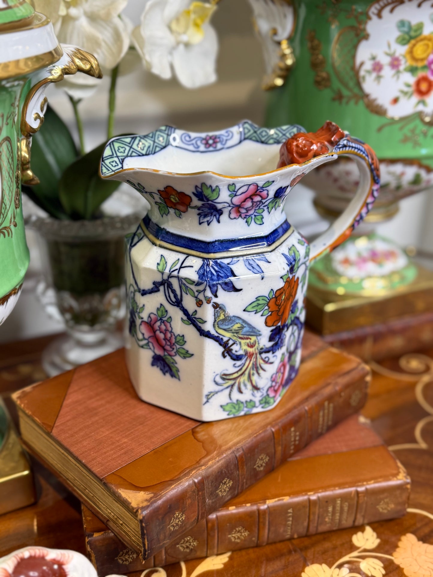 RESERVED - Shelley “Late Foley” Ironstone Jug, c. 1890 – Polychrome Floral with Bird Motif, Staffordshire
