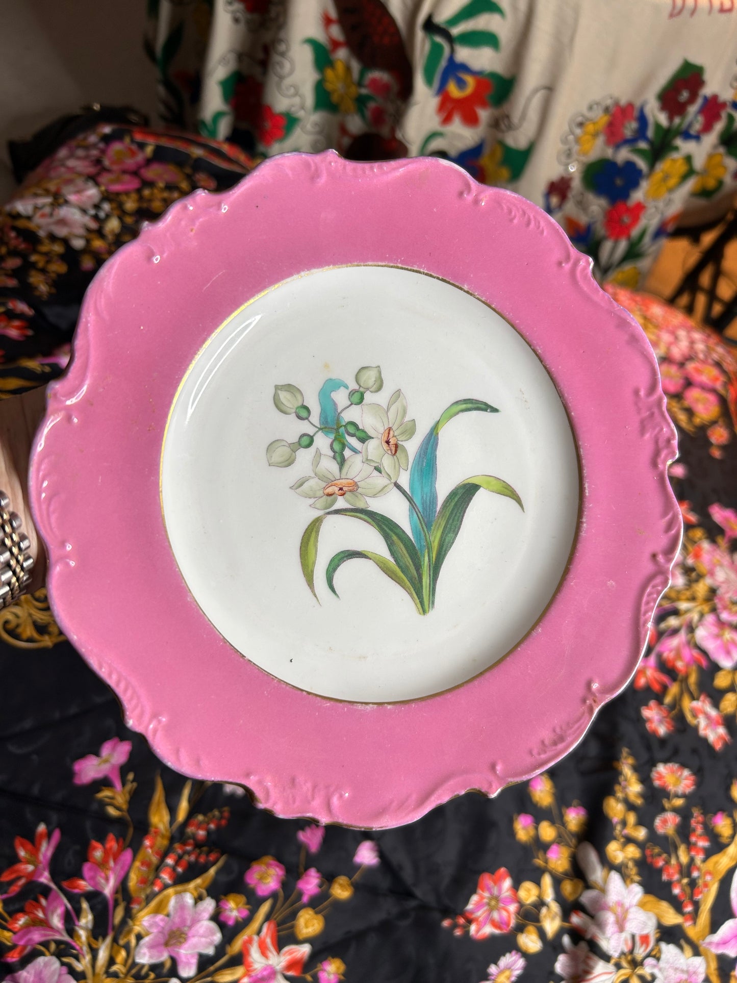 Set of Four Stunning Antique Hand Painted Plates with bright pink edge!