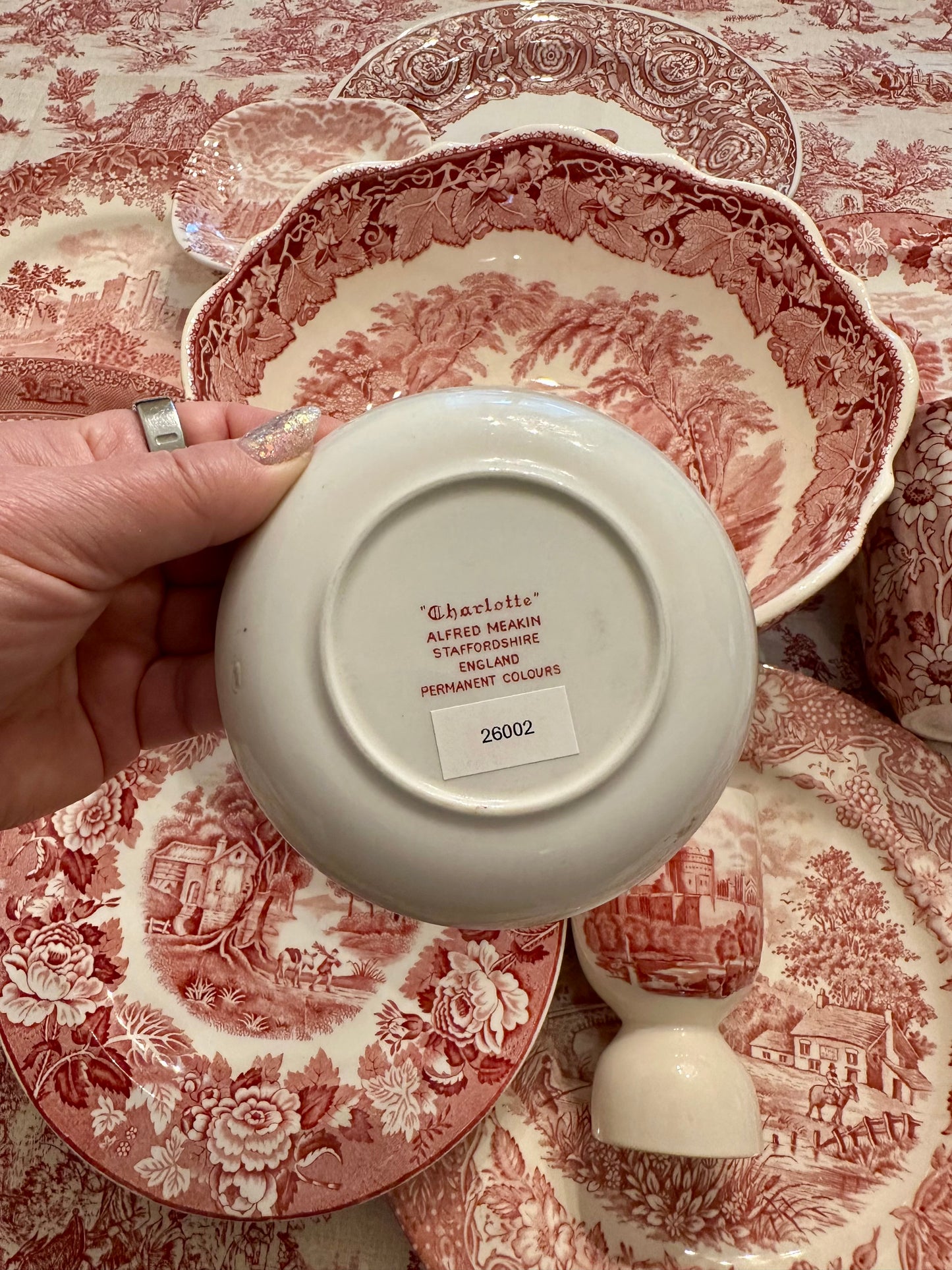Alfred Meakin “Charlotte” Pink/Red Transferware Butter Pat/Coaster | England, c. 1920s–1940s