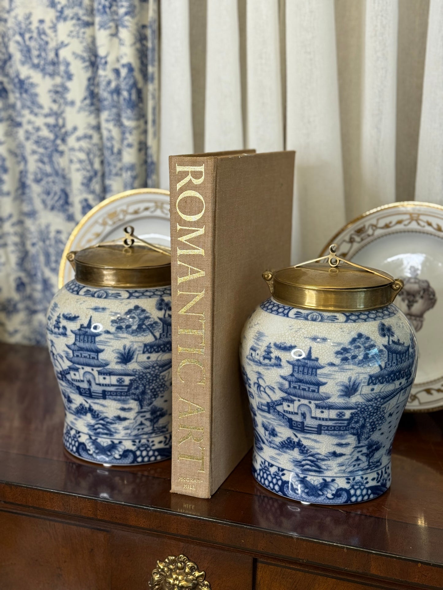 Danny's Fine Porcelain - 13” Tall Blue/White Porcelain Pagoda Jar W/ Bronze Lid