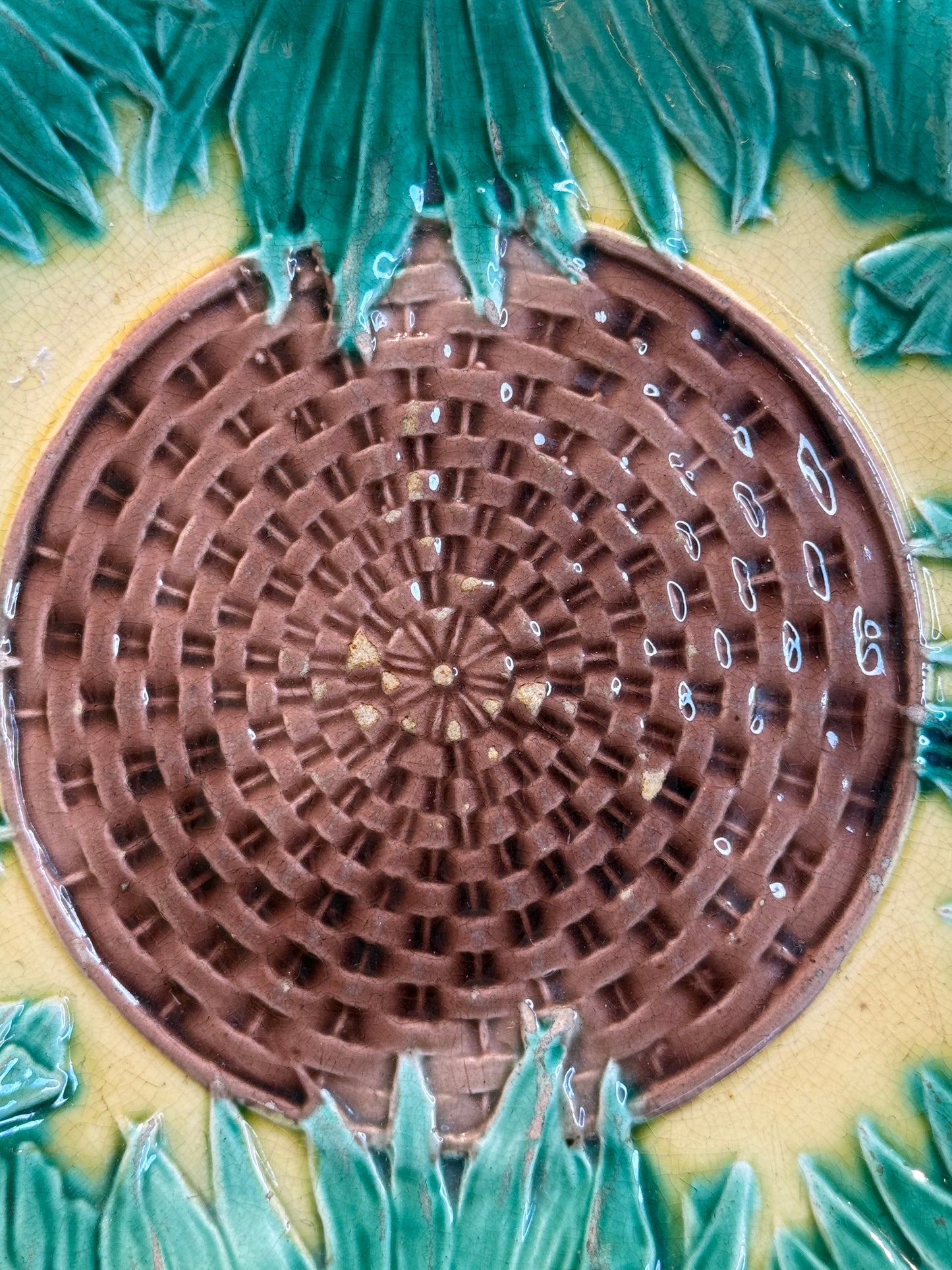 Antique French Majolica Sunflower Basketweave Plate 9.25” c.1880–1900