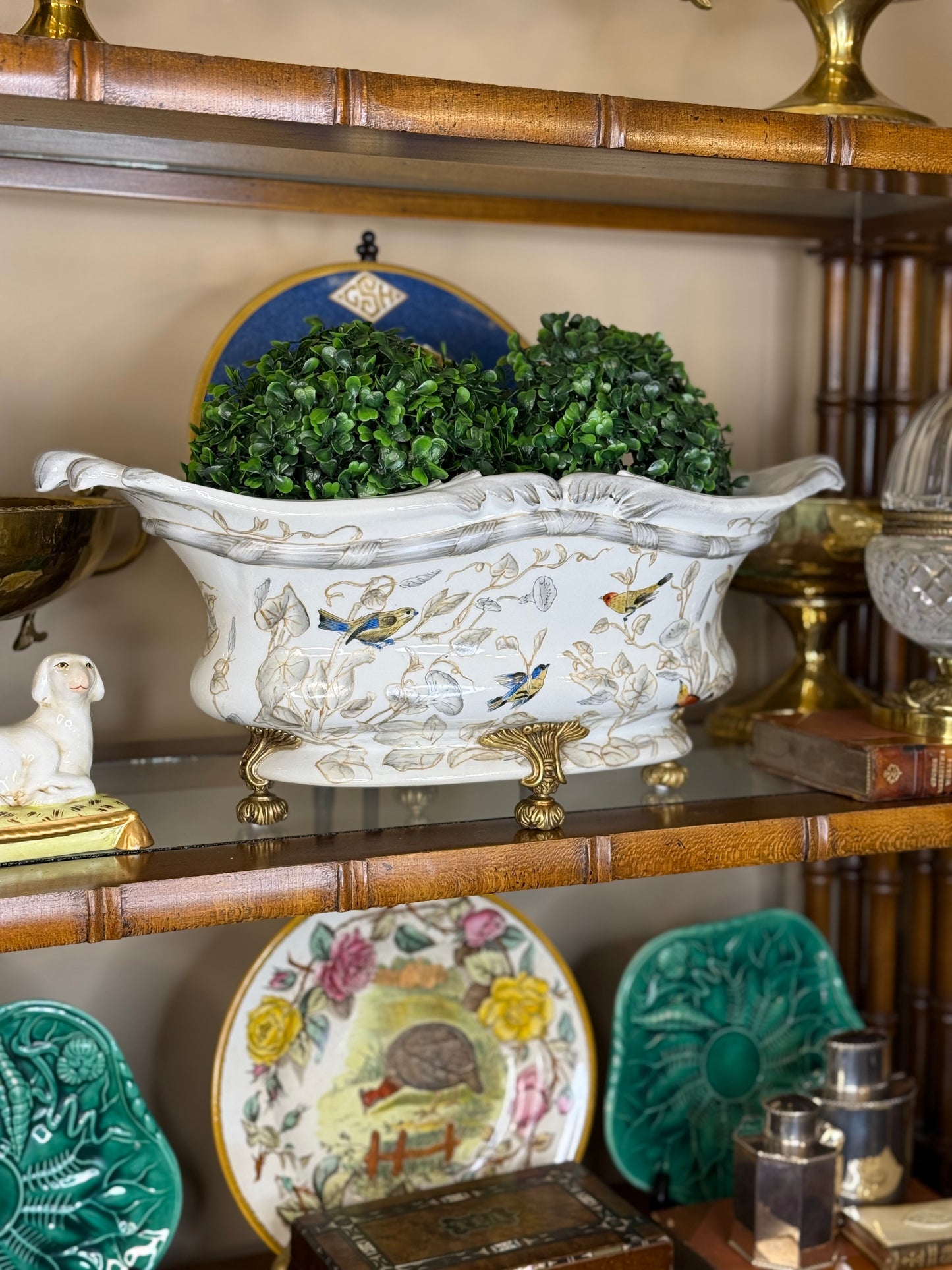 Danny’s Fine Porcelain: Porcelain Floral & Bird Scalloped Basin with Bronze Ormolu | 18” L x 8” W x 7” H