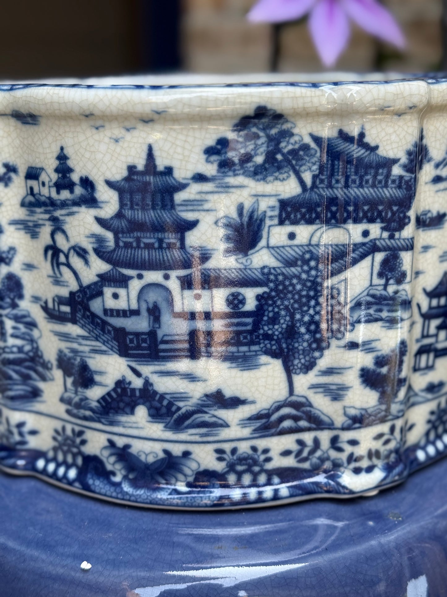 Danny’s Fine Porcelain - Blue & White, 13.5” Hand painted Planter/Pot Willow Design