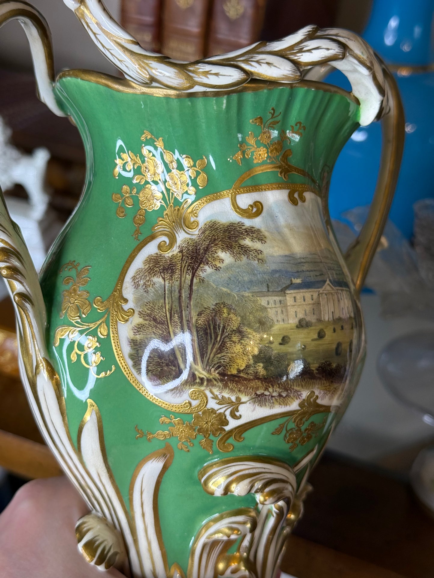 Antique Pair of H.R. Daniel Green Scenic Vases with Castles & Floral Decoration | Circa 1840 | 8.5"H x 6.5"W x 4" Base | Style DA4447