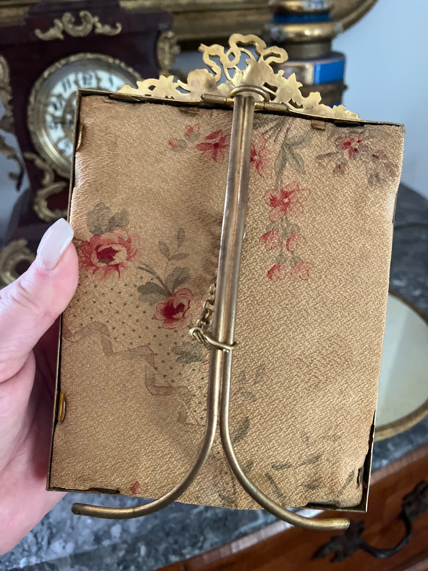 Original Fabric Surround and Backing - Antique French Portrait Miniature in Gilt Bronze Ribbon-Crest Frame — 18th-Century Beauty, Signed Baum