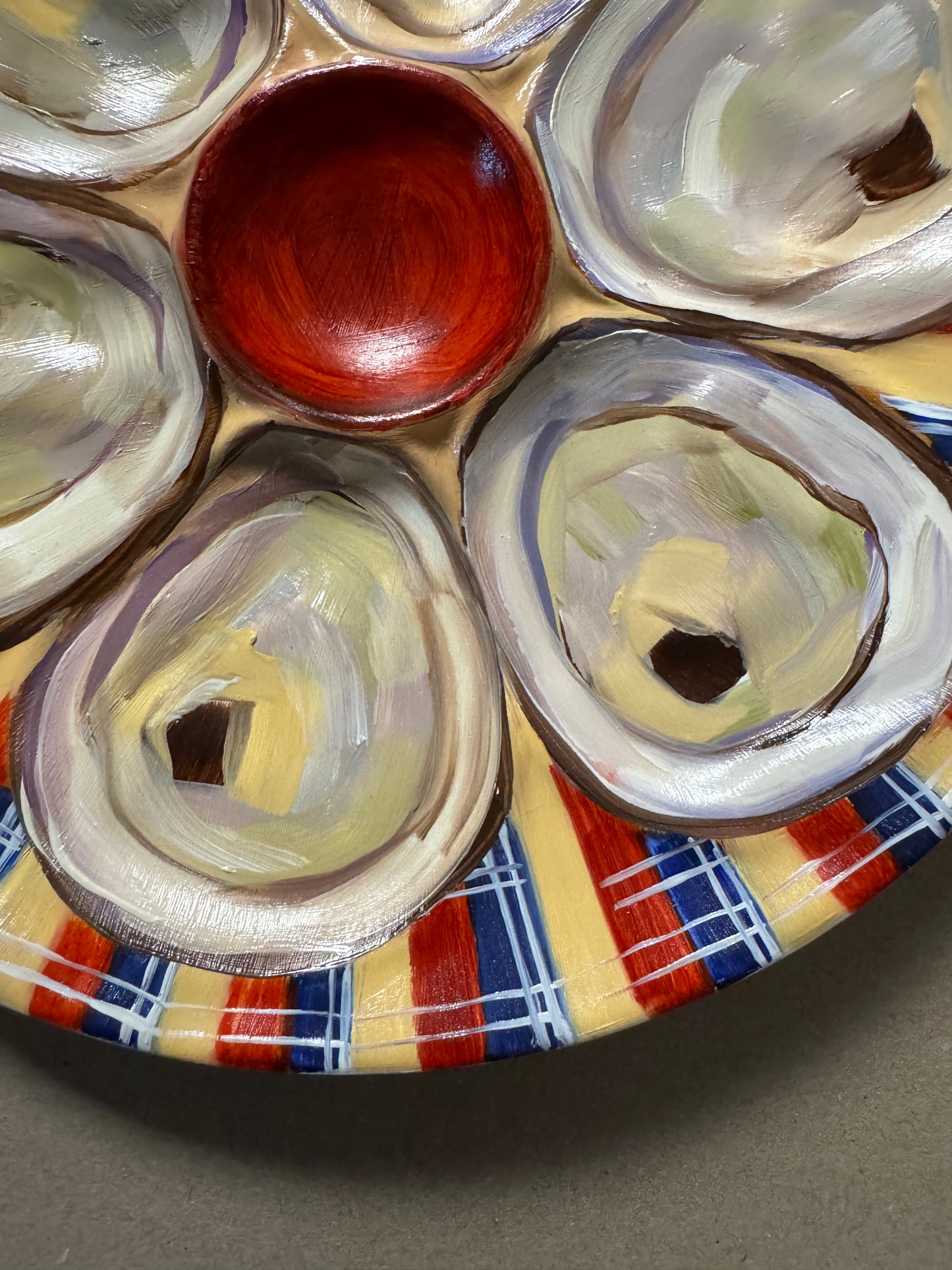 Plaid hand painted oyster plate 9” diameter