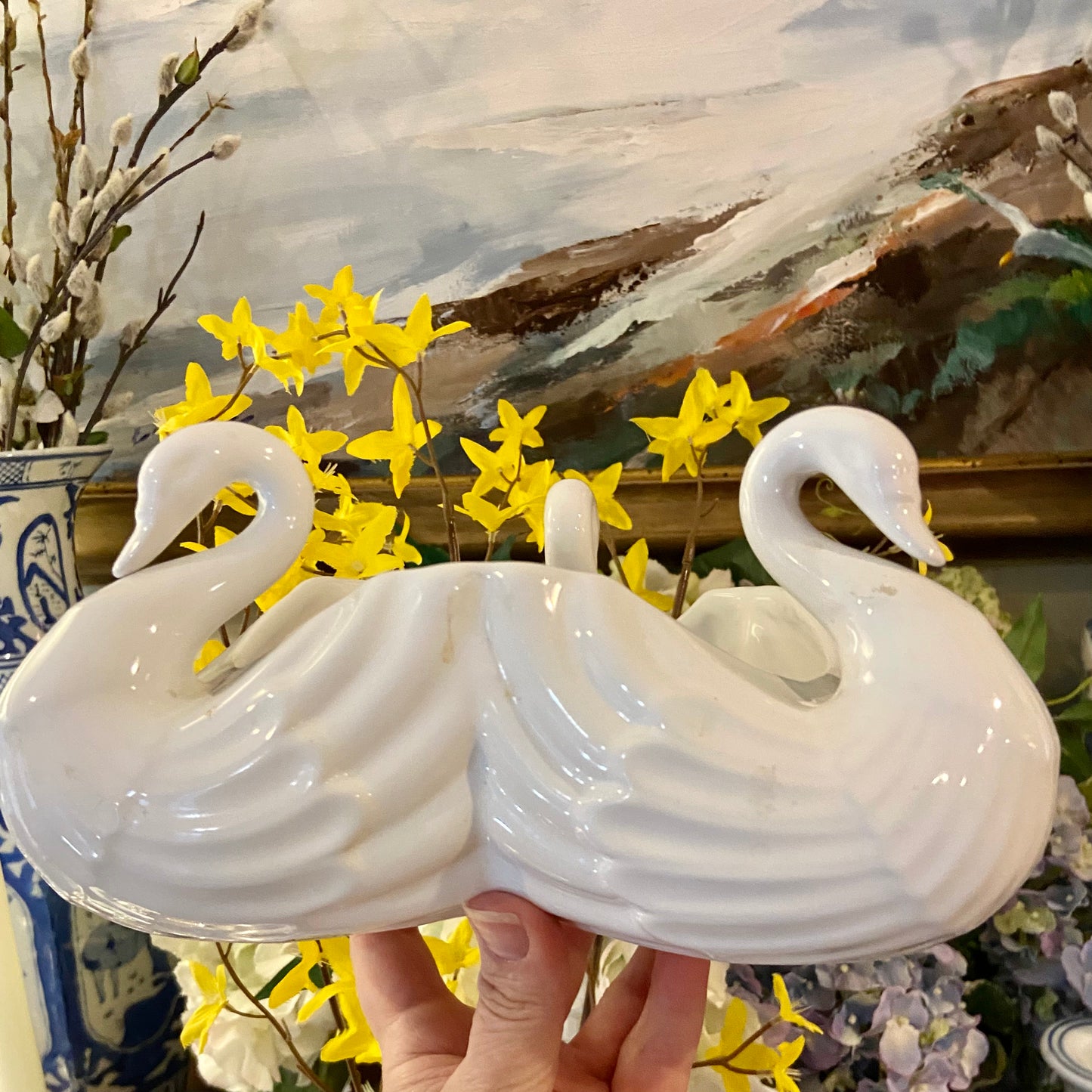 Chic Hollywood regency vintage tripod swan centerpiece planter