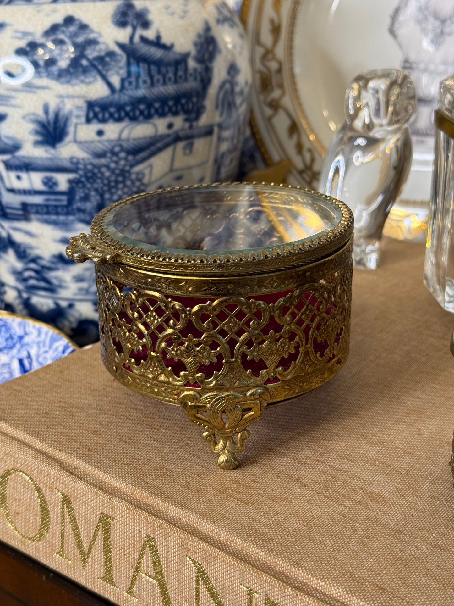 Vintage Ormolu Filigree Jewelry Caskets – Glass Lid & Velvet Lined, Sold Separately